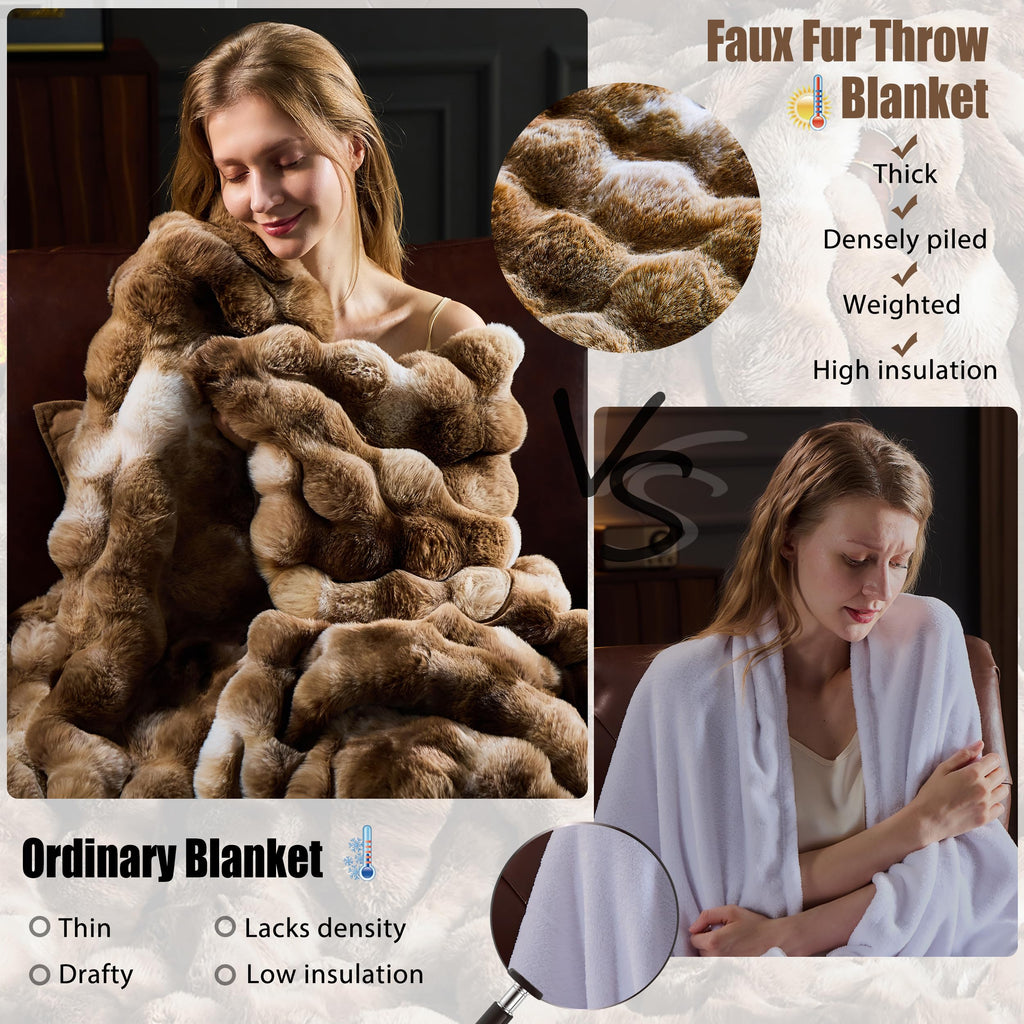 Faux Fur Throw Blanket for Couch, Fluffy Fuzzy Plush Bubble Blanket, Soft Warm Cozy Shaggy Rabbit Blanket, Luxury Decorative Gifts for Sofa Bedroom Living Room, 60x50inch (Beige)
