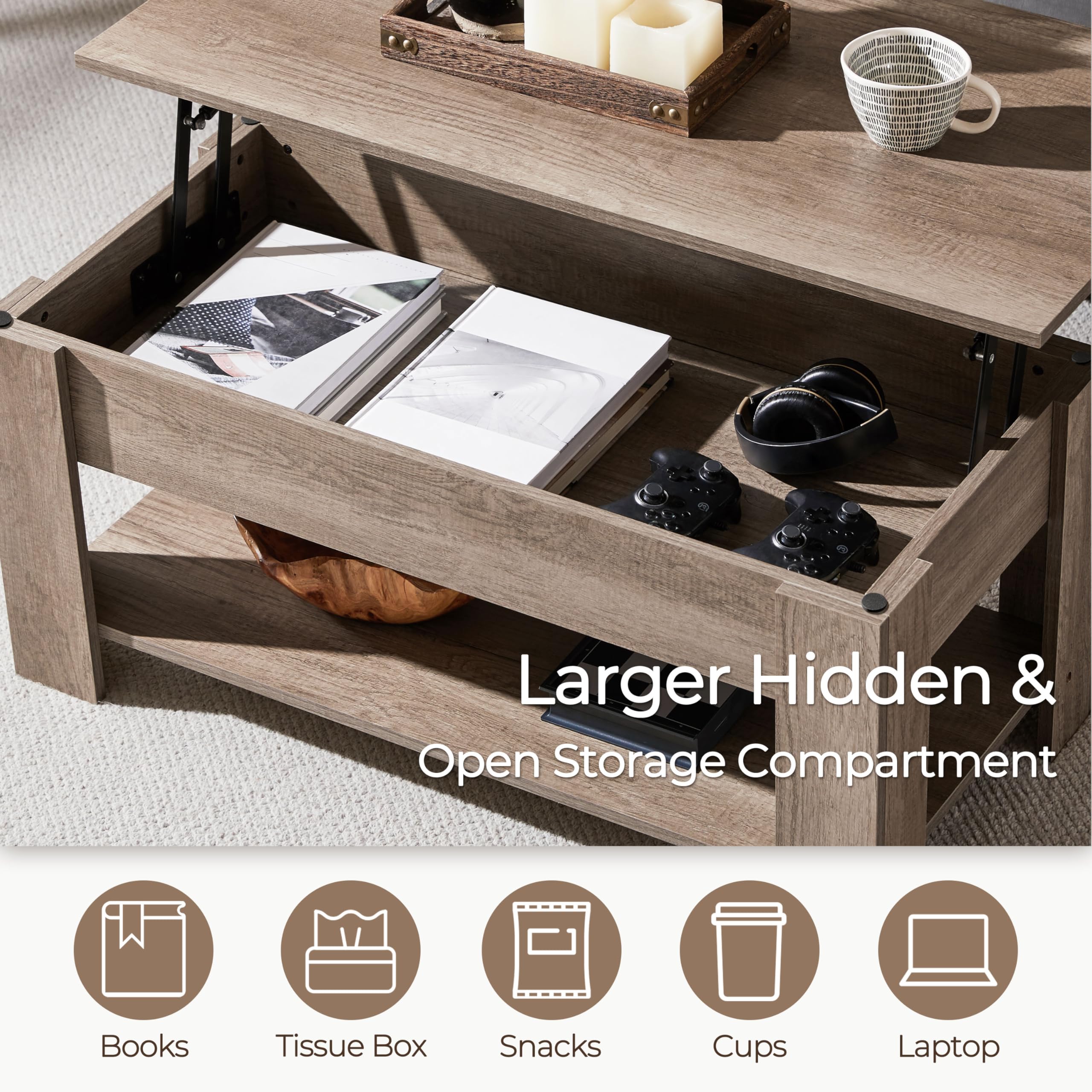 Yaheetech Wooden Coffee Table, Lift Top Coffee Table with Large Hidden Storage Shelf, Lift Tabletop Dining Tables for Living Room, Home Small Space, 38.6in, Black