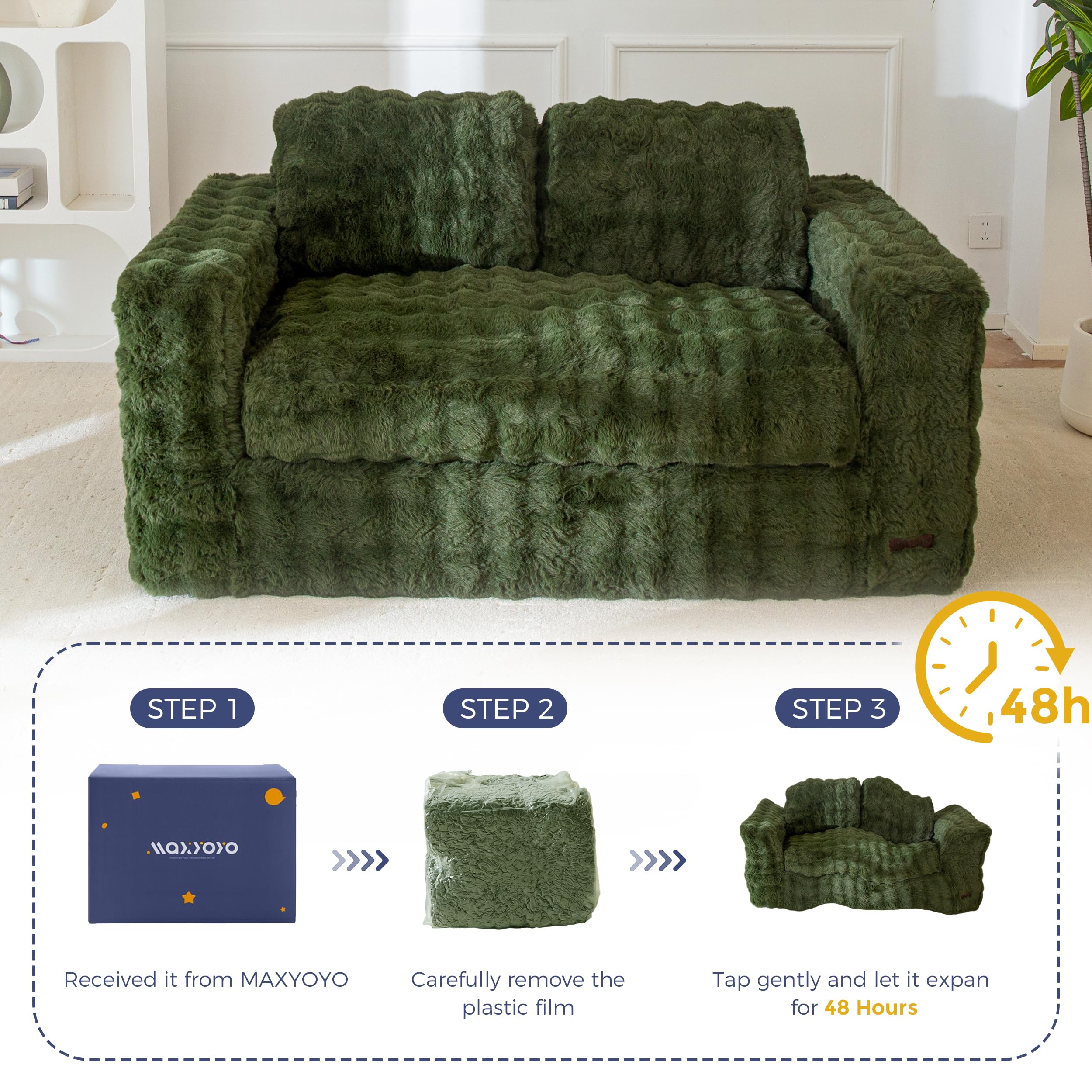 MAXYOYO 3 Seater Sofa Couch for Living Room, Tufted Boneless Couch Sofa Couch, Comfy Bubbled Bean Bag Chair for Apartment, No Assembly Needed, Beige