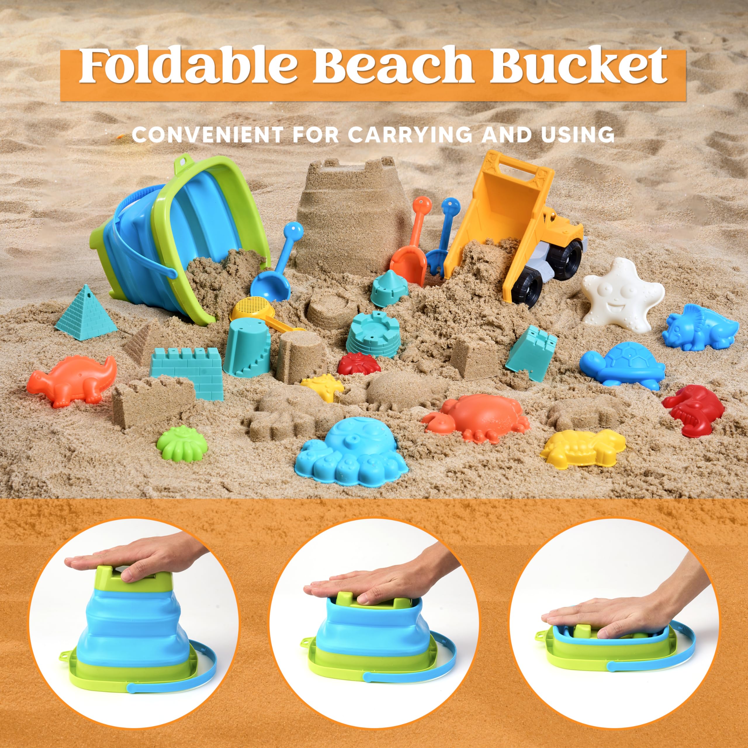 Sloosh Beach Sand Toys Set - Dump Truck Car Toy with Sand Molds for Toddlers Outdoor Play, Collapsible Foldable Buckets Mesh Bag Shovels Castle Animal Mold Sets, Kids Ages Sandbox Toys (Animals)