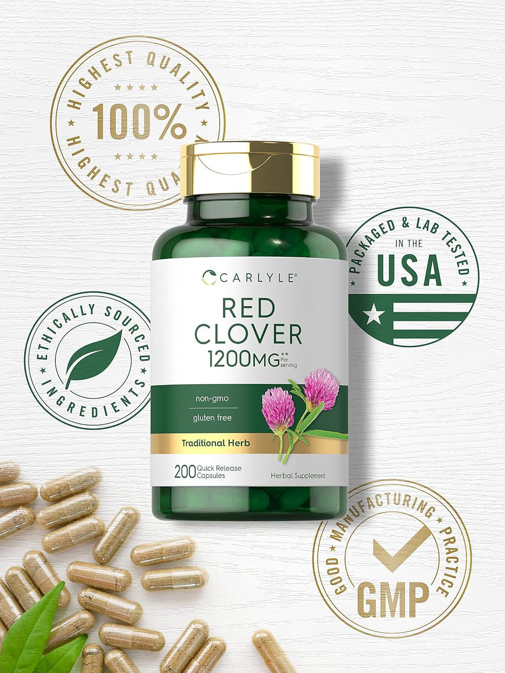 Carlyle Red Clover Capsules | 200 Count | Trifolium Pratense | Blossom Extract Supplement | Non-GMO, Gluten Free