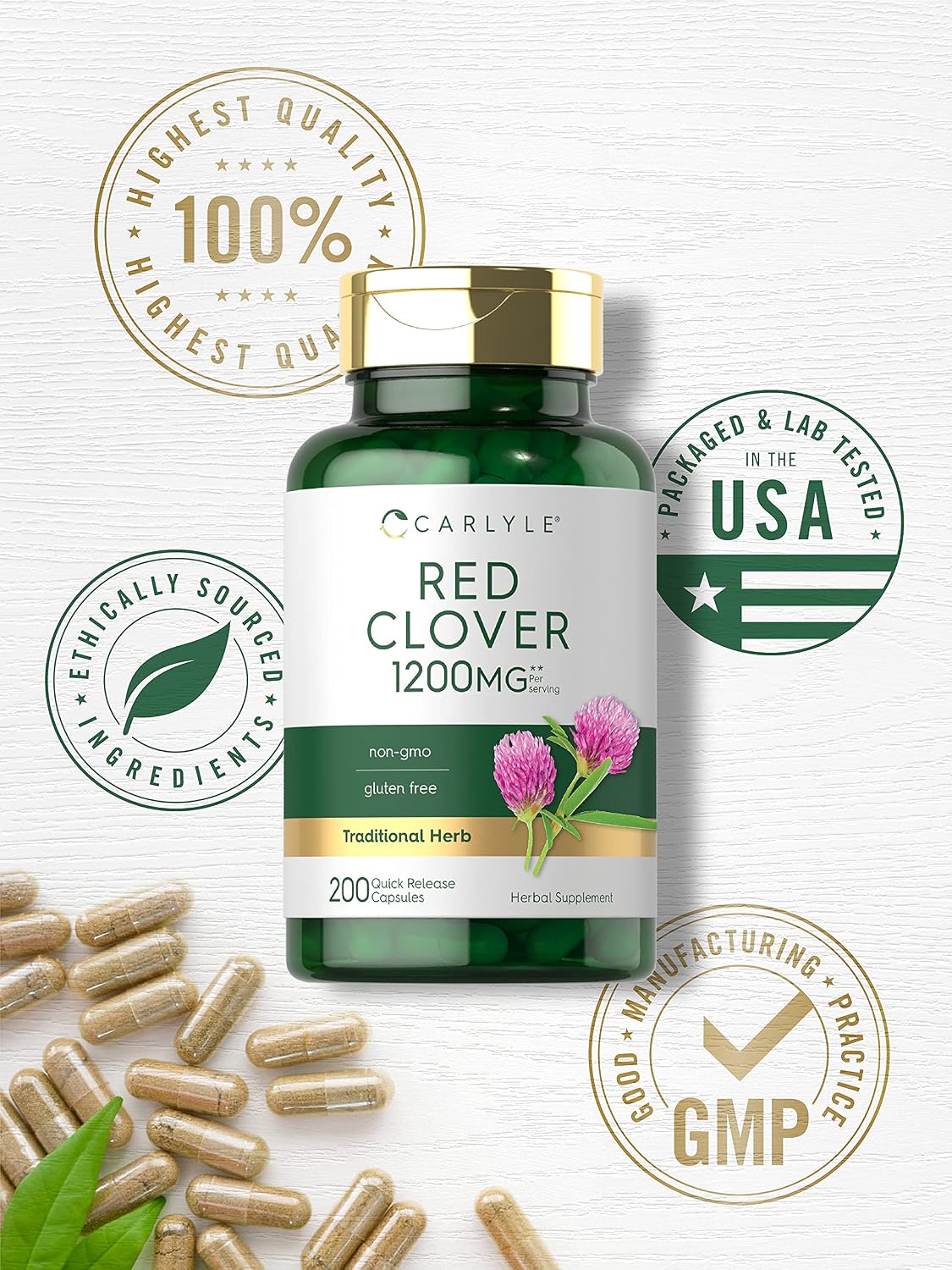 Carlyle Red Clover Capsules | 200 Count | Trifolium Pratense | Blossom Extract Supplement | Non-GMO, Gluten Free