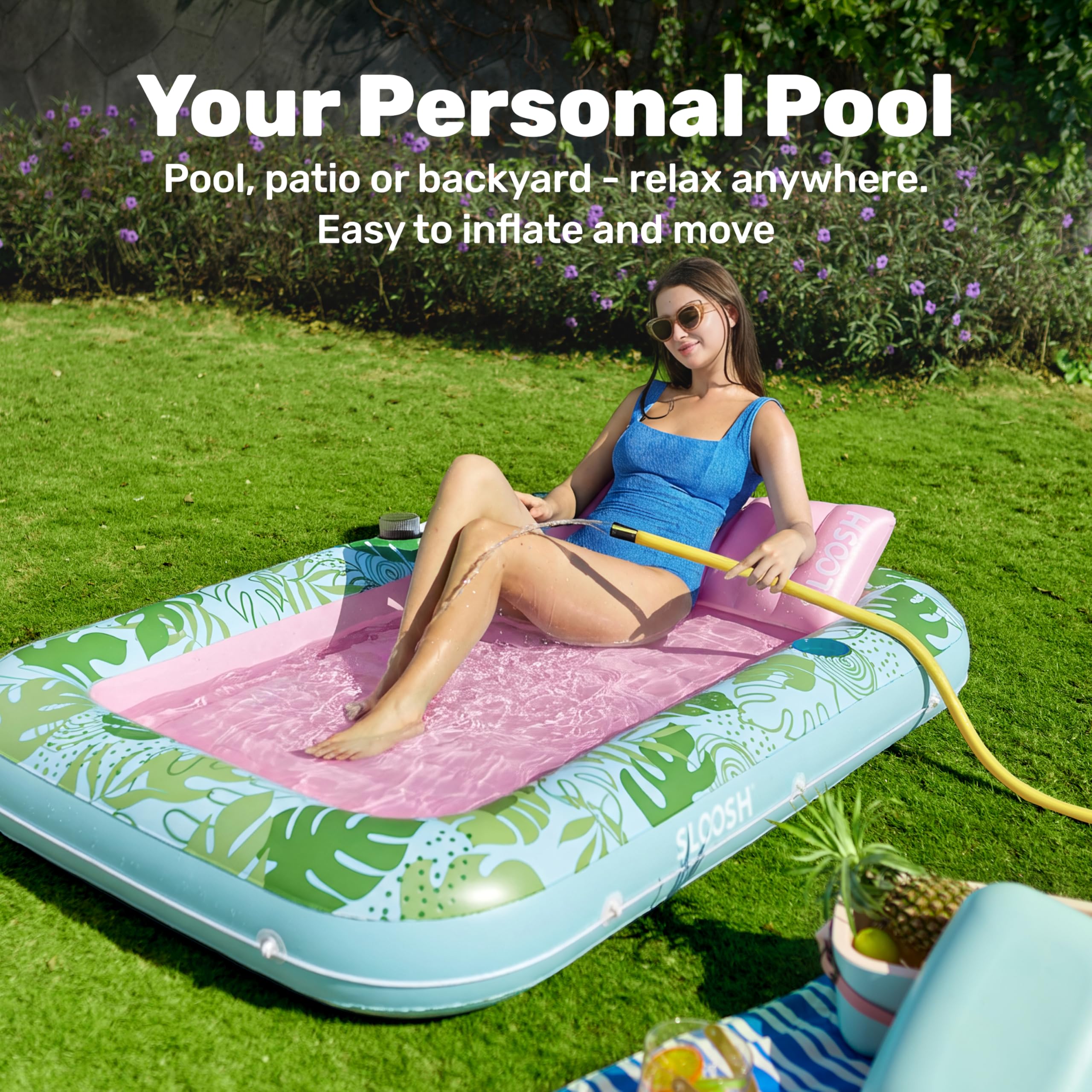 SLOOSH Inflatable Tanning Pool Lounger Float, 85" x 57" Extra Large Pool Floats Adult with Pillow, 4 in 1 Suntan Tub Raft Floatie,Sunbathing Bed Lounge for Water Blow Up Ball Pit Party Gifts, XL-Blue
