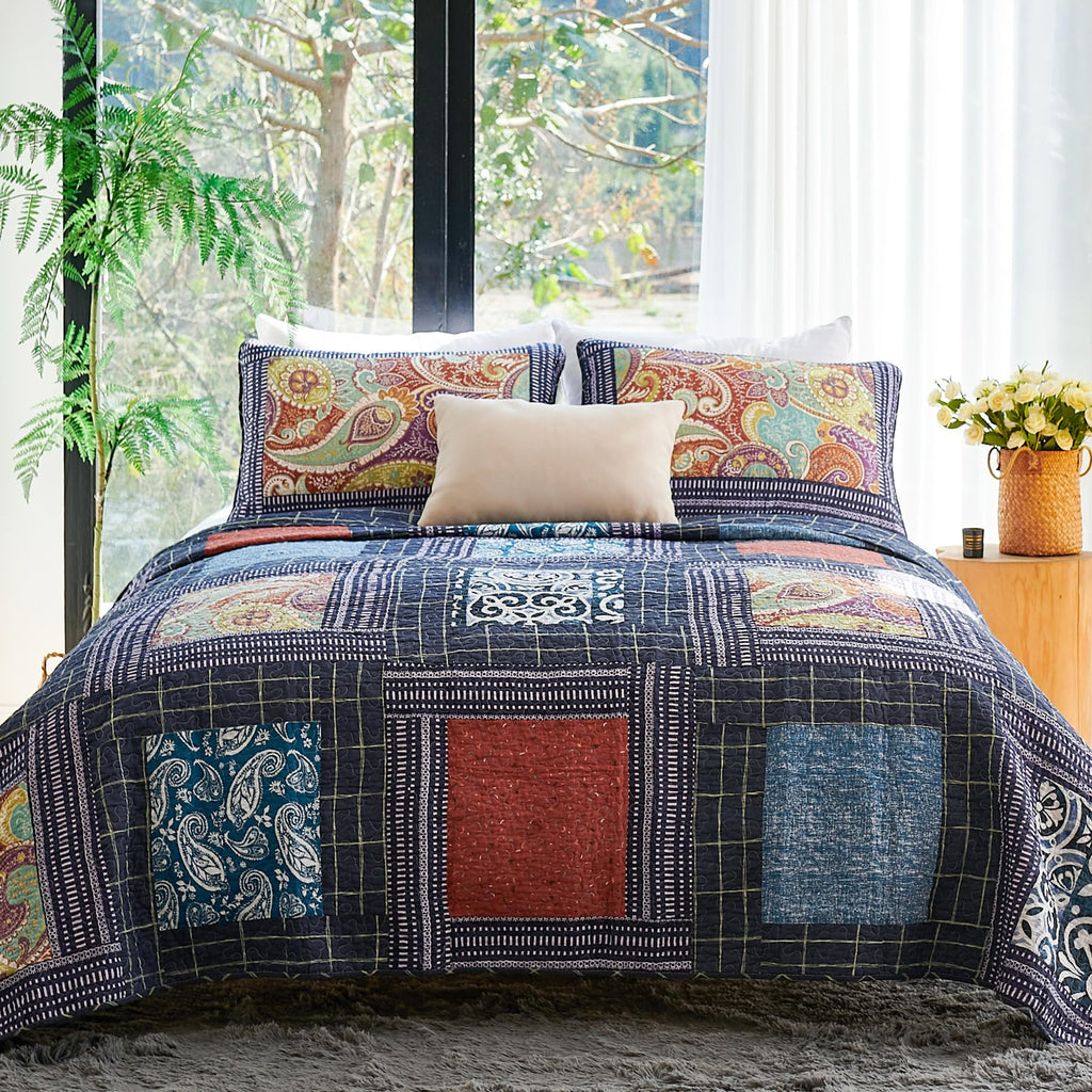 Secgo Twin Comforter Set for Bed - 100% Cotton Quilts Twin Size, Black Bedspreads with 2 Pillow Shams, Patchwork Reversible Lightweight Bedding