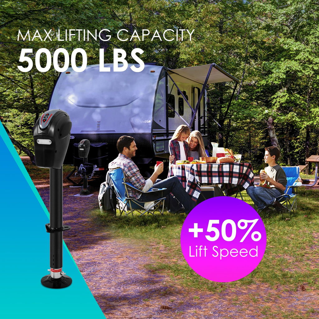 POLESTAR Electric Trailer Jack, 3500lbs Electric Power A- Frame Tongue Jack with Waterproof Protective Cover & LED Light for Travel Trailer Camper, RV, 12V DC with Hard Wiring, 9"-27" Lift