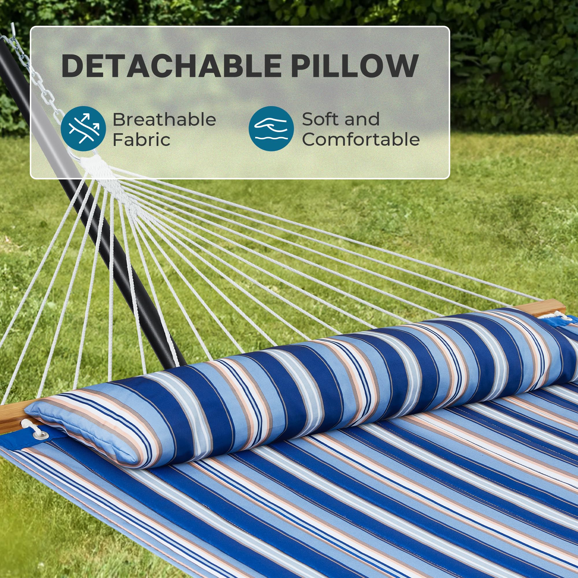 SUPERJARE Hammock with Stand, 2 Person Quilted Outdoor Hammock, Detachable Pillow & Bamboo Spreaders, Portable Hammock with Carrying Bag, Heavy Duty Stand, Perfect for Outside, Patio, Aqua Blue