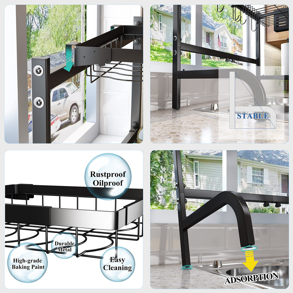 SAYZH Over the Sink Dish Drying Rack, Adjustable (25.5 to 33.5 inch) 2 Tier Metal Steel Dish Drying Racks for Kitchen Counter with Hooks Paper Towel Utensil Cup Holder Sink Caddy (Black)
