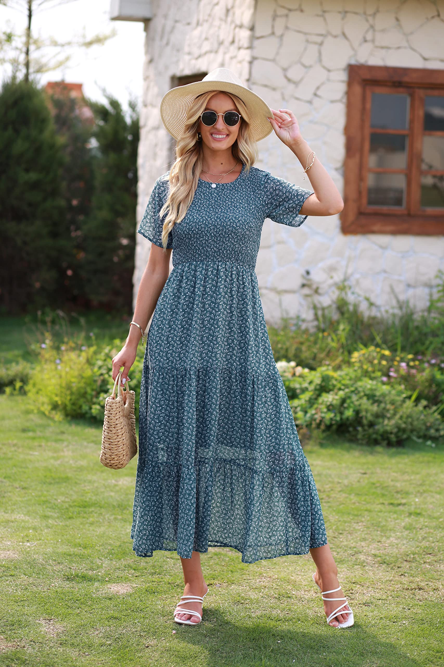 BTFBM Women Casual Short Sleeve Crew Neck Summer Dress Bohemian Floral Printed Flowy Maxi Dresses Tiered Cocktail Dress