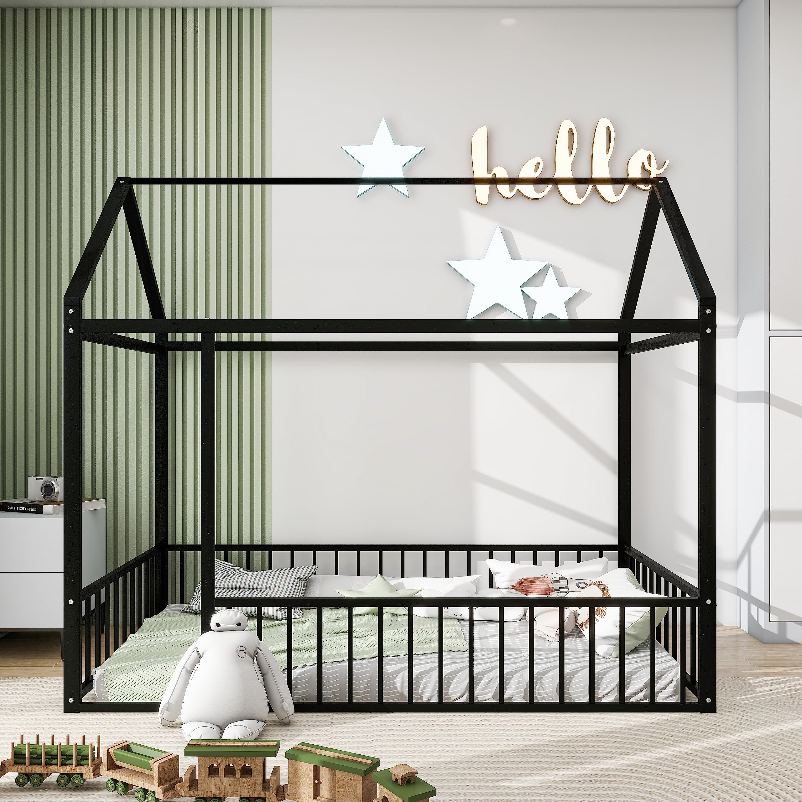 Bellemave Twin Size Montessori Floor Bed, Metal House Bed Framefor Kids, Montessori Floor Beds with Fence, Playhouse for Kids,Black