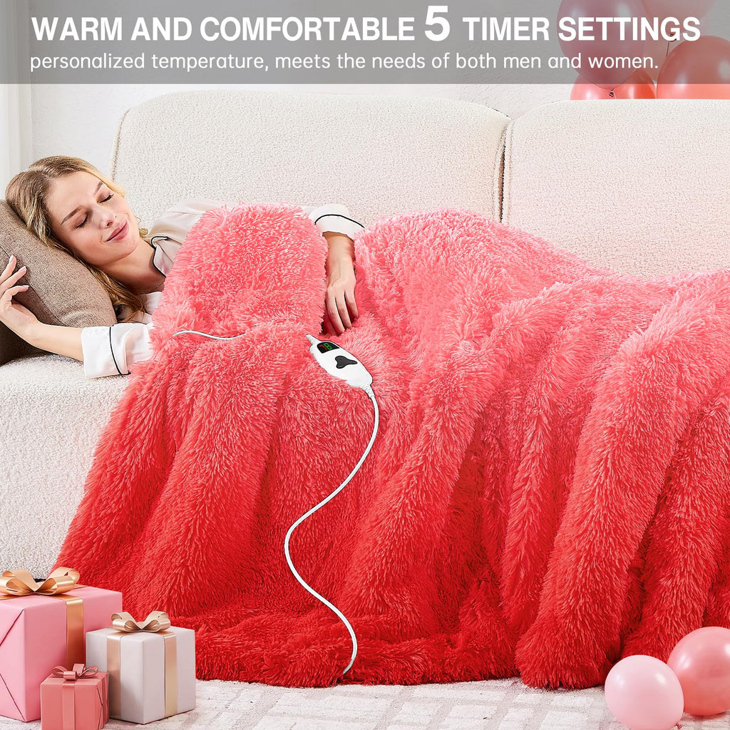 Heated Electric Blanket Queen–Faux Fur with Soft Thick SherpaWarm Winter Birthday Gifts for Women Grandma,Dual Control,10 Heat Settings,5 Time Settings, 84x90, Beige
