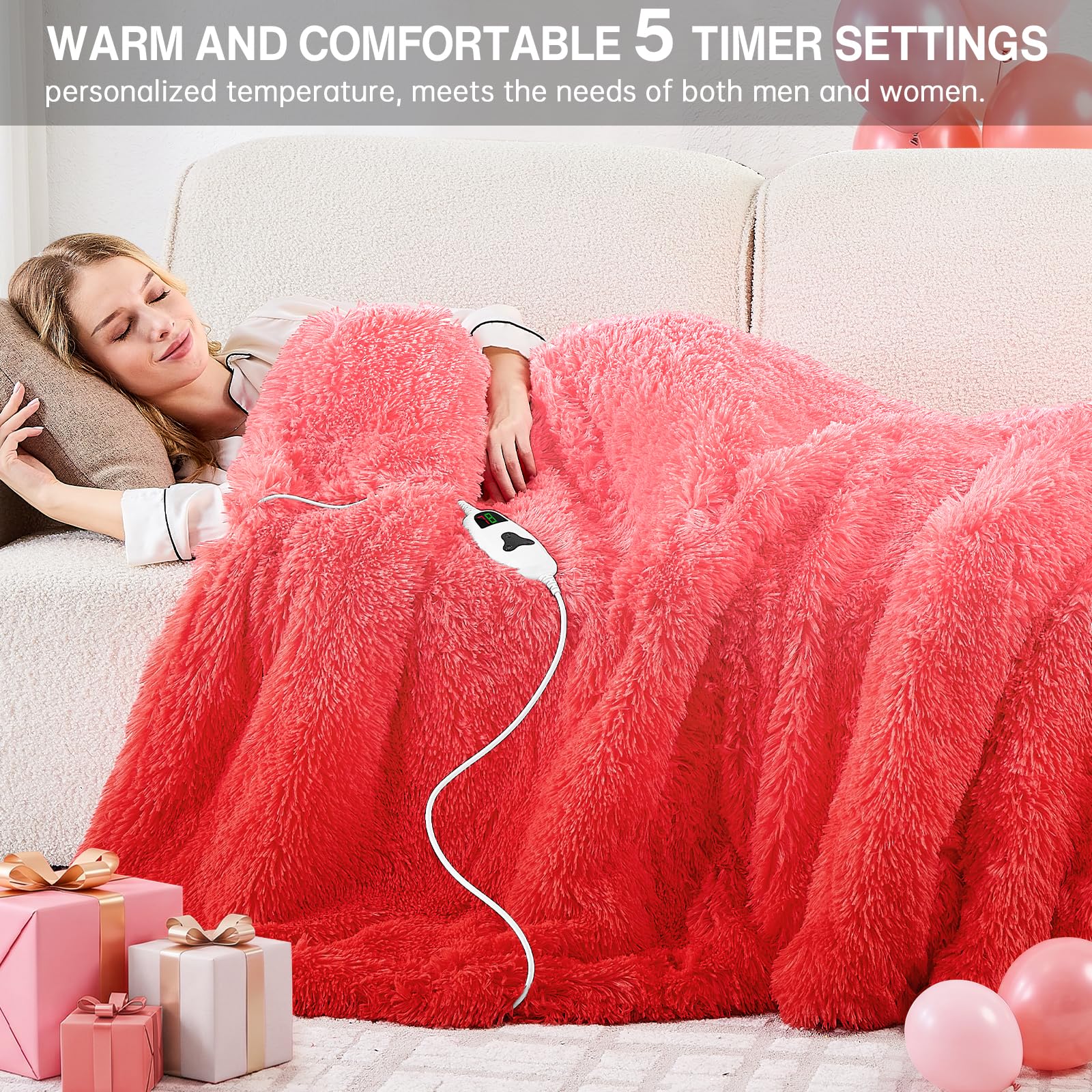 Heated Electric Blanket Queen–Faux Fur with Soft Thick SherpaWarm Winter Birthday Gifts for Women Grandma,Dual Control,10 Heat Settings,5 Time Settings, 84x90, Beige