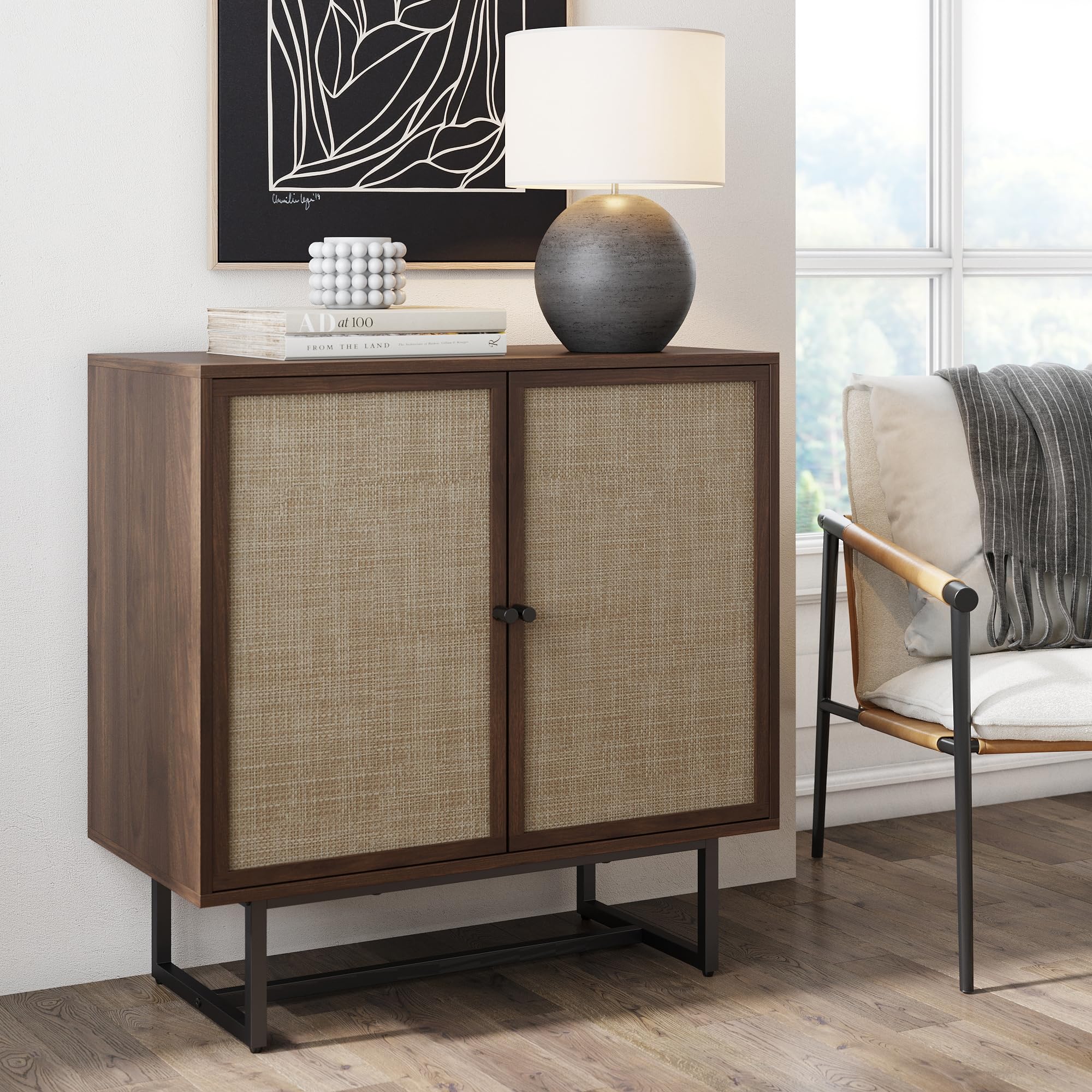 Nathan James Kova Rattan Wood Accent Sideboard Storage Cabinet with Matte Metal Frame, Adjustable Interior Shelves and Cane Doors, for Hallway, Entryway or Living Room, Black Oak/Cane