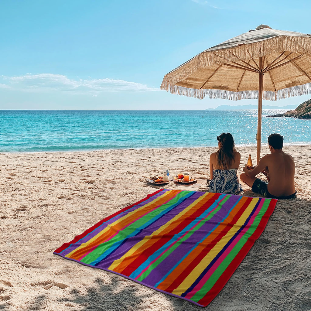 COTTON CRAFT Ombre Stripe Extra Wide Beach Towel for Two - 58x68 - Pure Cotton - Double Woven Jacquard Thick Plush Super Soft Luxurious Velour Pile - Pool Picnic Bath - 450 GSM - Blue