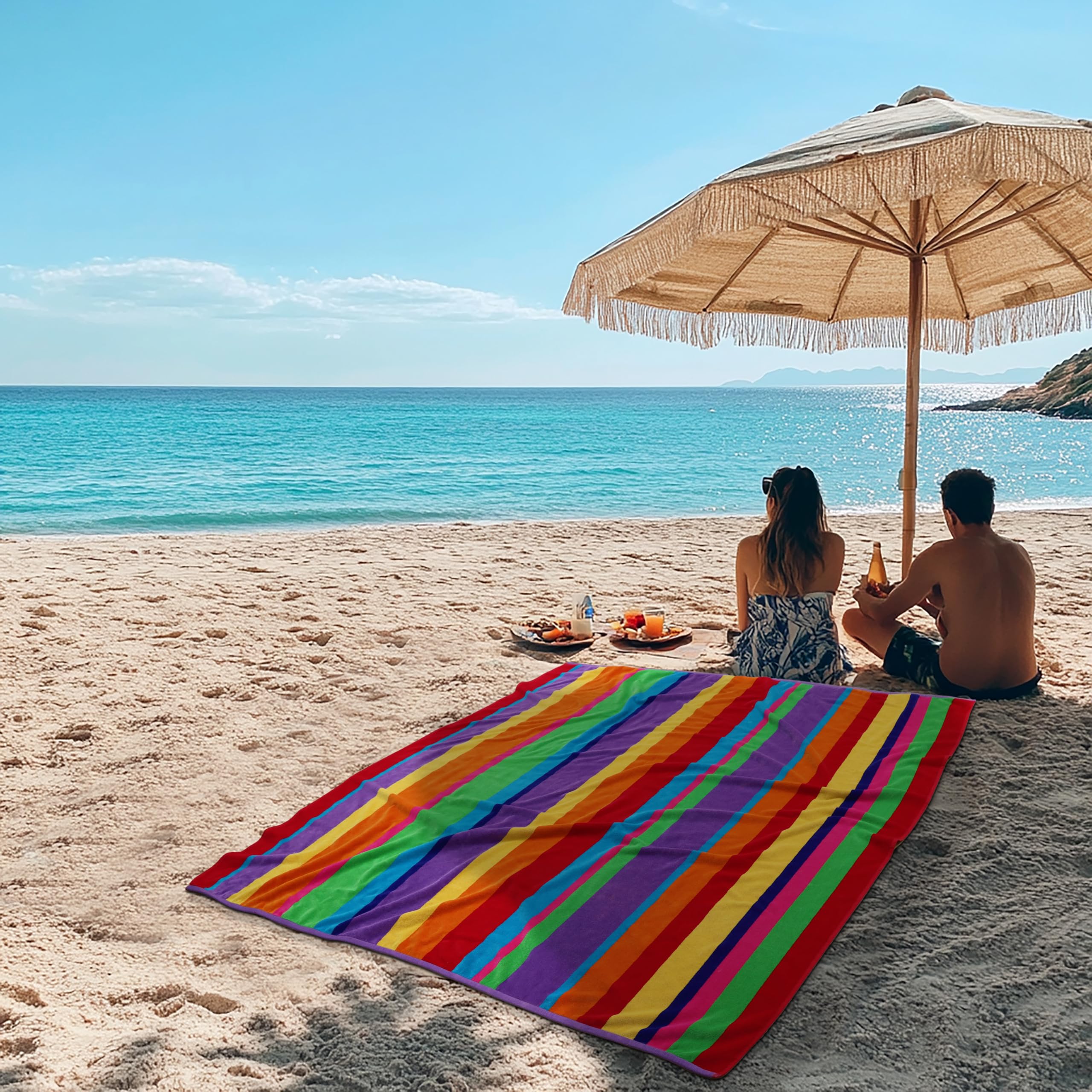 COTTON CRAFT Ombre Stripe Extra Wide Beach Towel for Two - 58x68 - Pure Cotton - Double Woven Jacquard Thick Plush Super Soft Luxurious Velour Pile - Pool Picnic Bath - 450 GSM - Blue