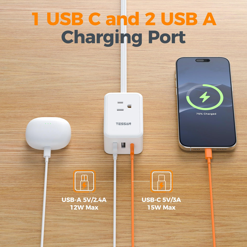 TESSAN Small Flat Plug Power Strip, Ultra Thin Extension Cord 5 ft, 3 AC Outlets with 3 USB Ports (1 USB C), Multiple Wall Outlet Extender for Cruise Travel Office School Dorm Room Essentials, Black