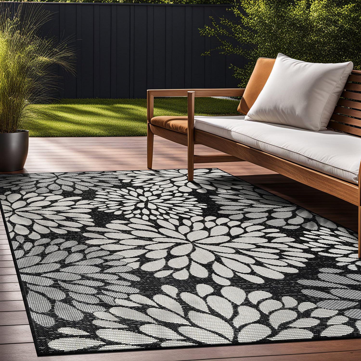 Beverly Rug Outdoor Rug 5x7 Modern Bordered Area Rugs for Indoor and Outdoor Patio Deck Porch Garden Waterproof Weather Sun Resistant Washable Outside Carpet (5 x 7 Beige)