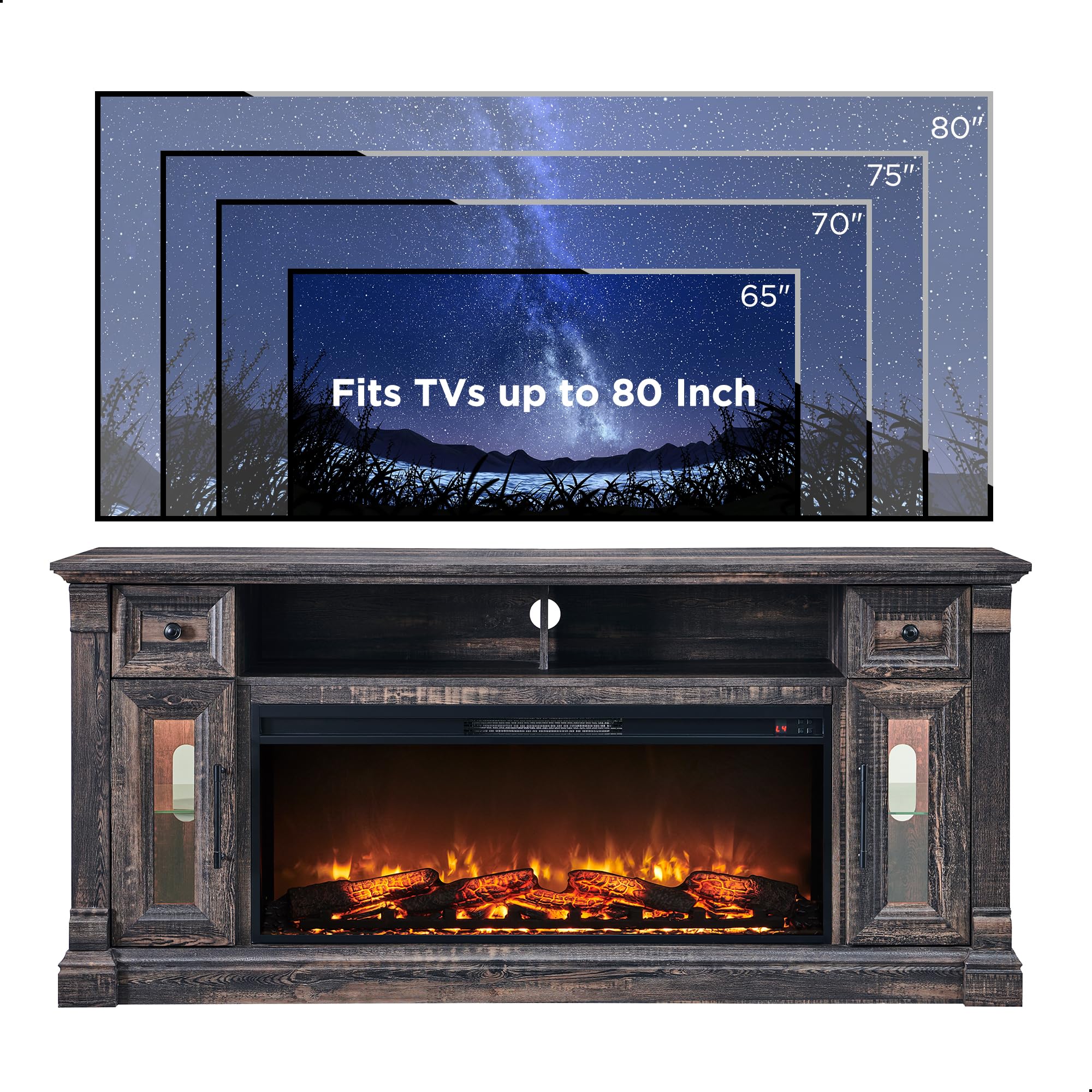 OKD Fireplace TV Stand for 80 Inch TV - Farmhouse Entertainment Center with 42" Electric Fireplace & LED Lights, Wood Media Console with Storage Drawers & Cabinets for Living Room, Antique White
