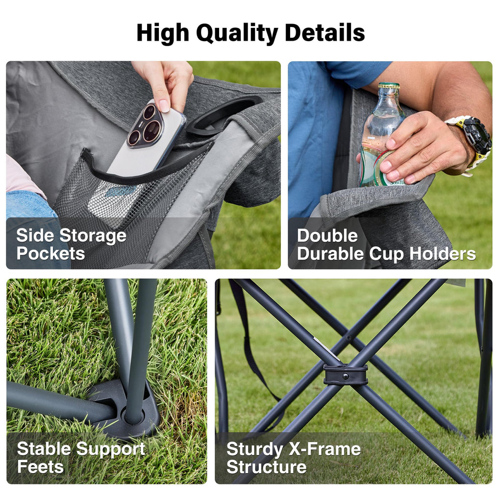 Double Camping Chair Heavy Duty Oversized Padded Loveseat for Adults 2 Person Outdoor Portable Camping Chairs for Lawn, Backyard, Fishing, Trip, Support 600lbs, Grey