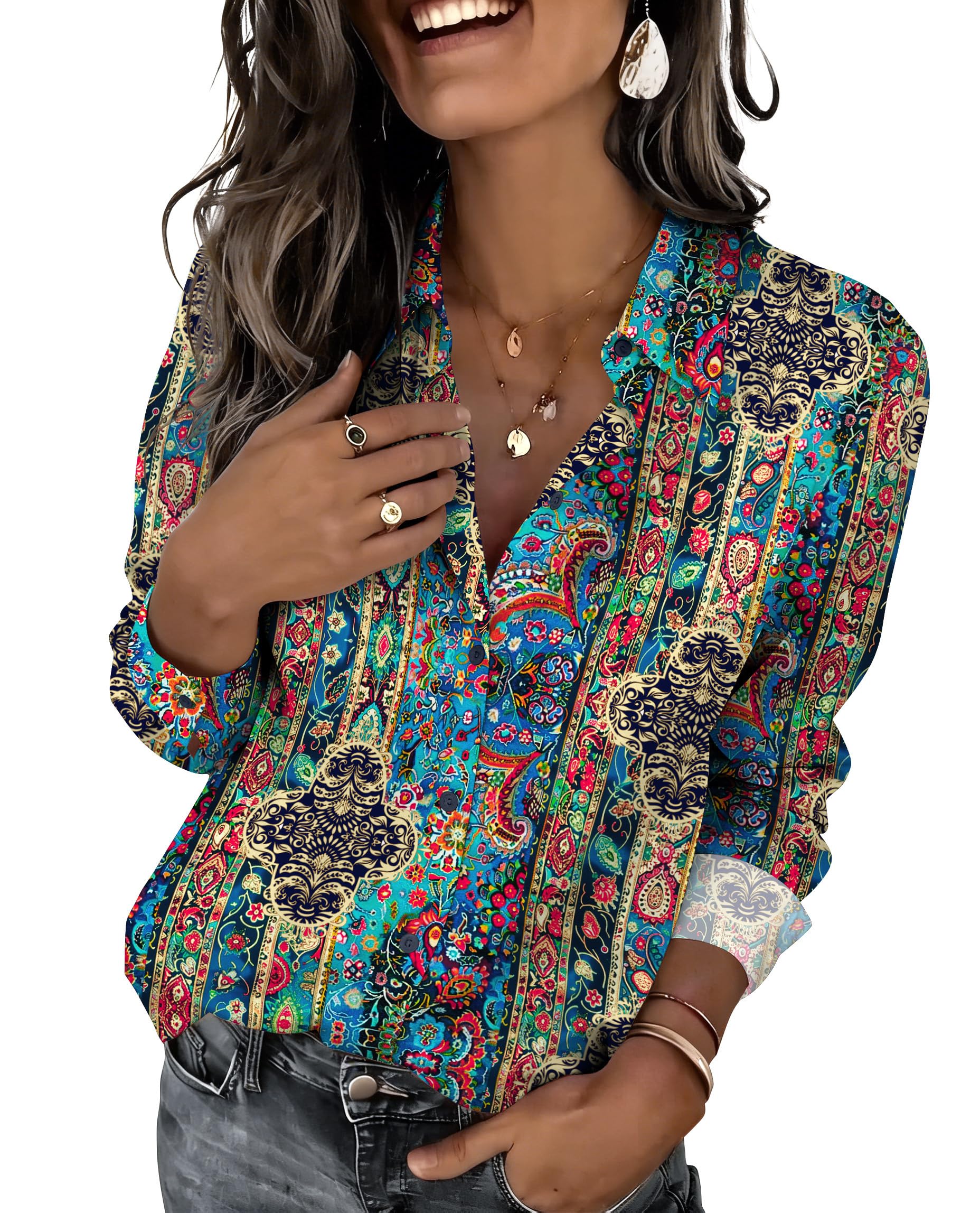 Zeagoo Button Down Shirts for Women Dressy Floral Printed Long Sleeve Blouse Business Casual Work Tops