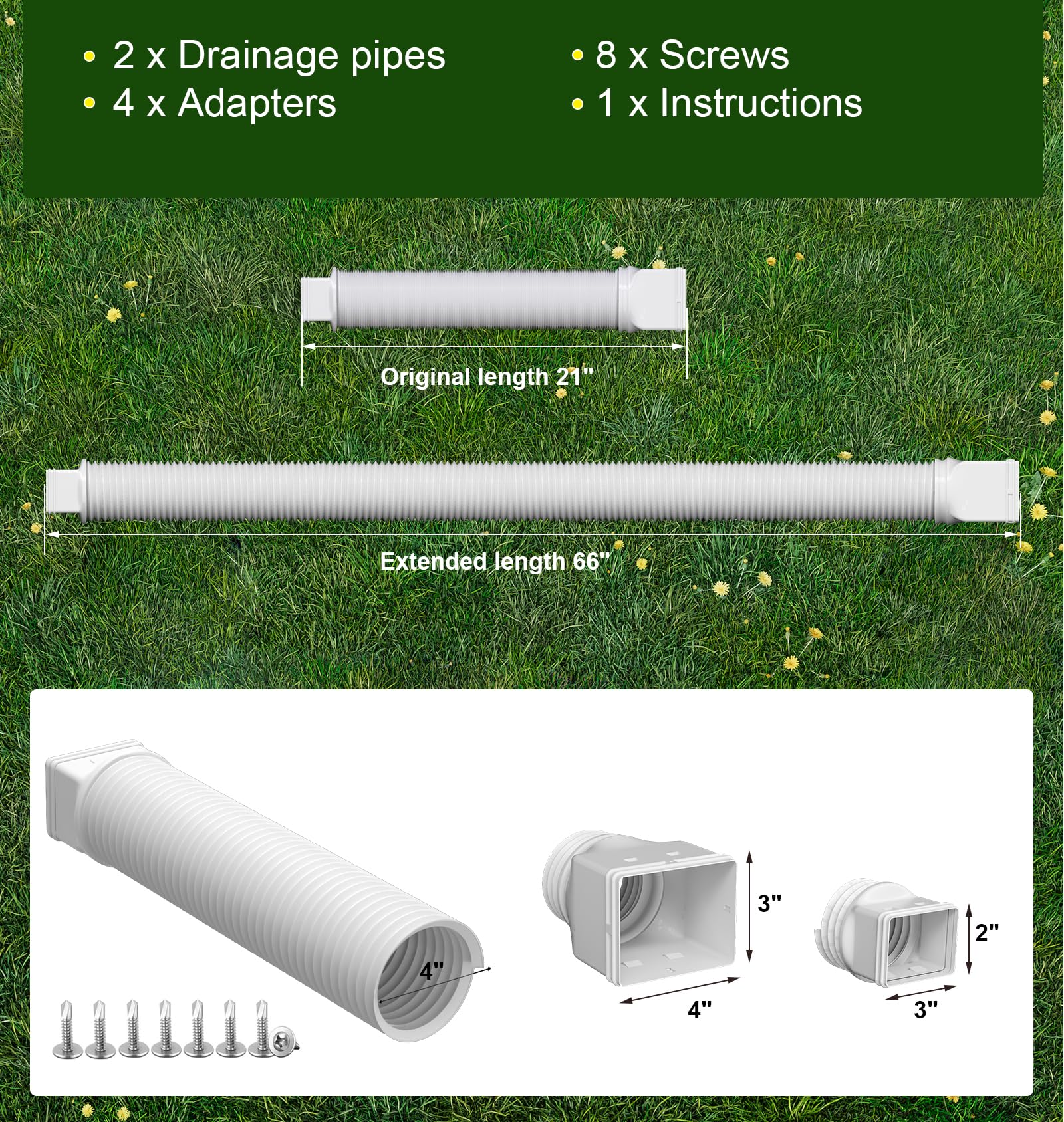 Ogutter Rain Gutter Downspout Extensions, Downspout Extender for Rainwater Drainage Flexible, Down Spout Drain Extension Pipe and Extendable from 21 to 66 Inches (Black)