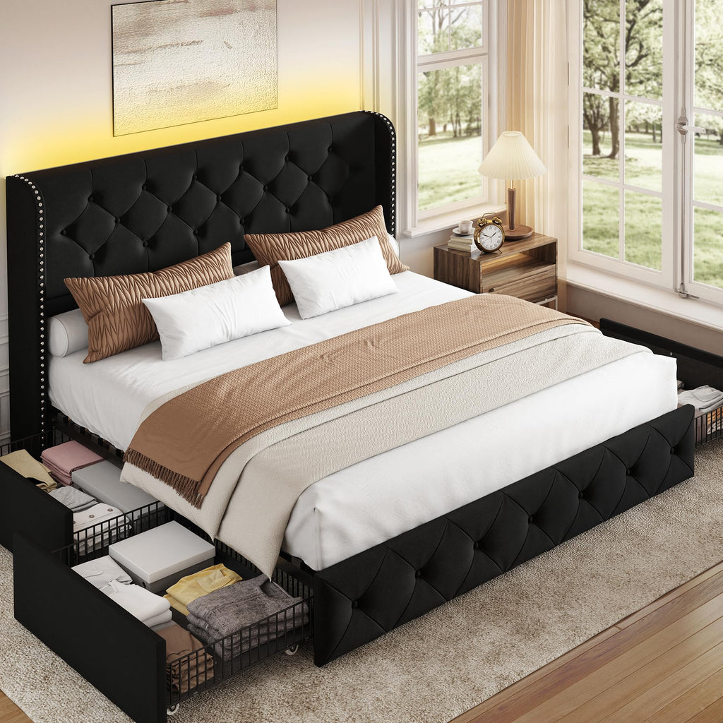 BRELTAM Full Size Bed Frame with Storage Drawers and Wingback Headboard Linen Upholstered Platform Bed Frame Tufted Beds with Heavy Duty Wood Slats, Noise Free, Easy Assembly, Beige