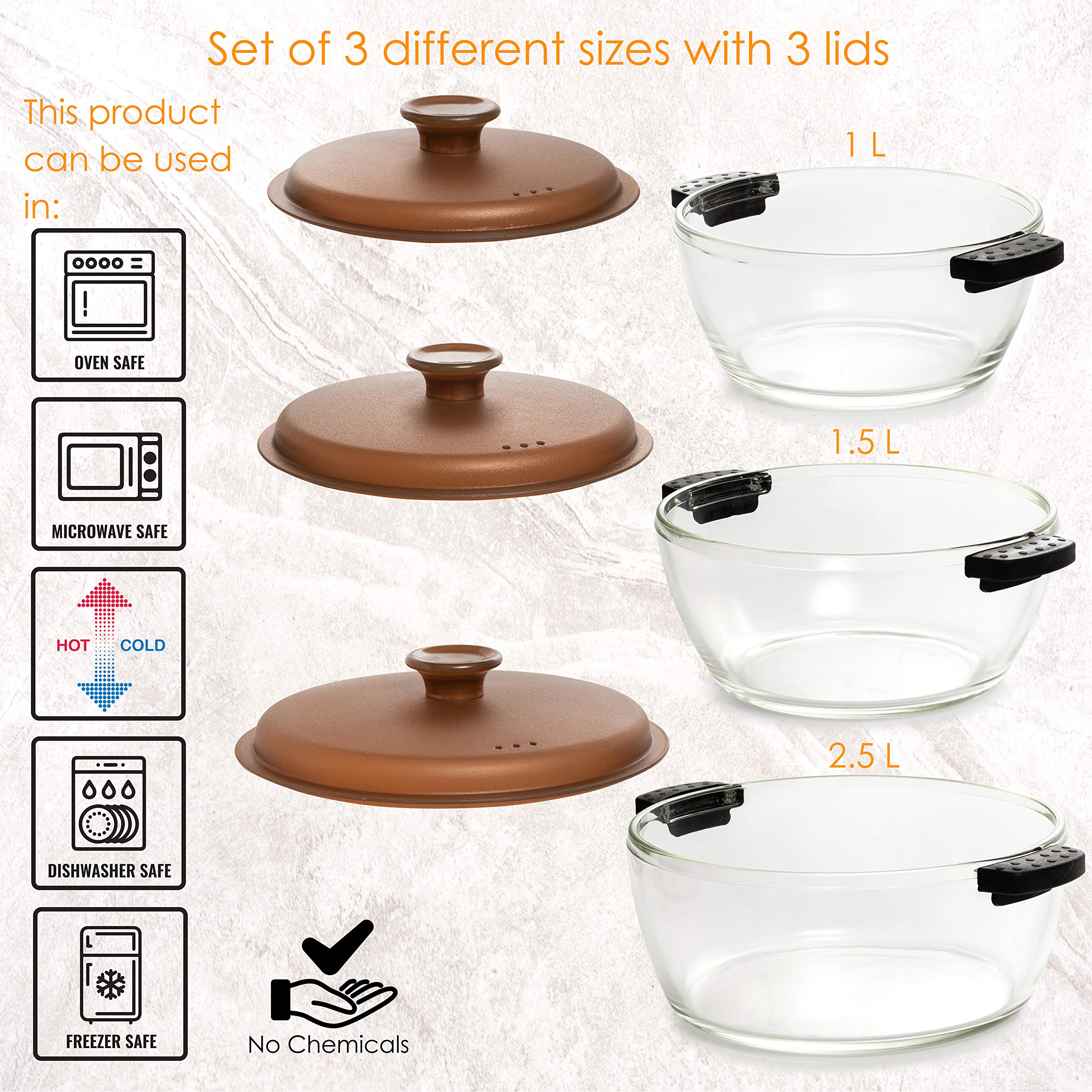 Moss & Stone 6-Piece Clear Glass Casserole Dishes for Oven With Lids, Durable Tempered Borosilicate Glass Bakeware Set, Microwave Safe, 3 Round Sizes for Cooking, Serving & Storage