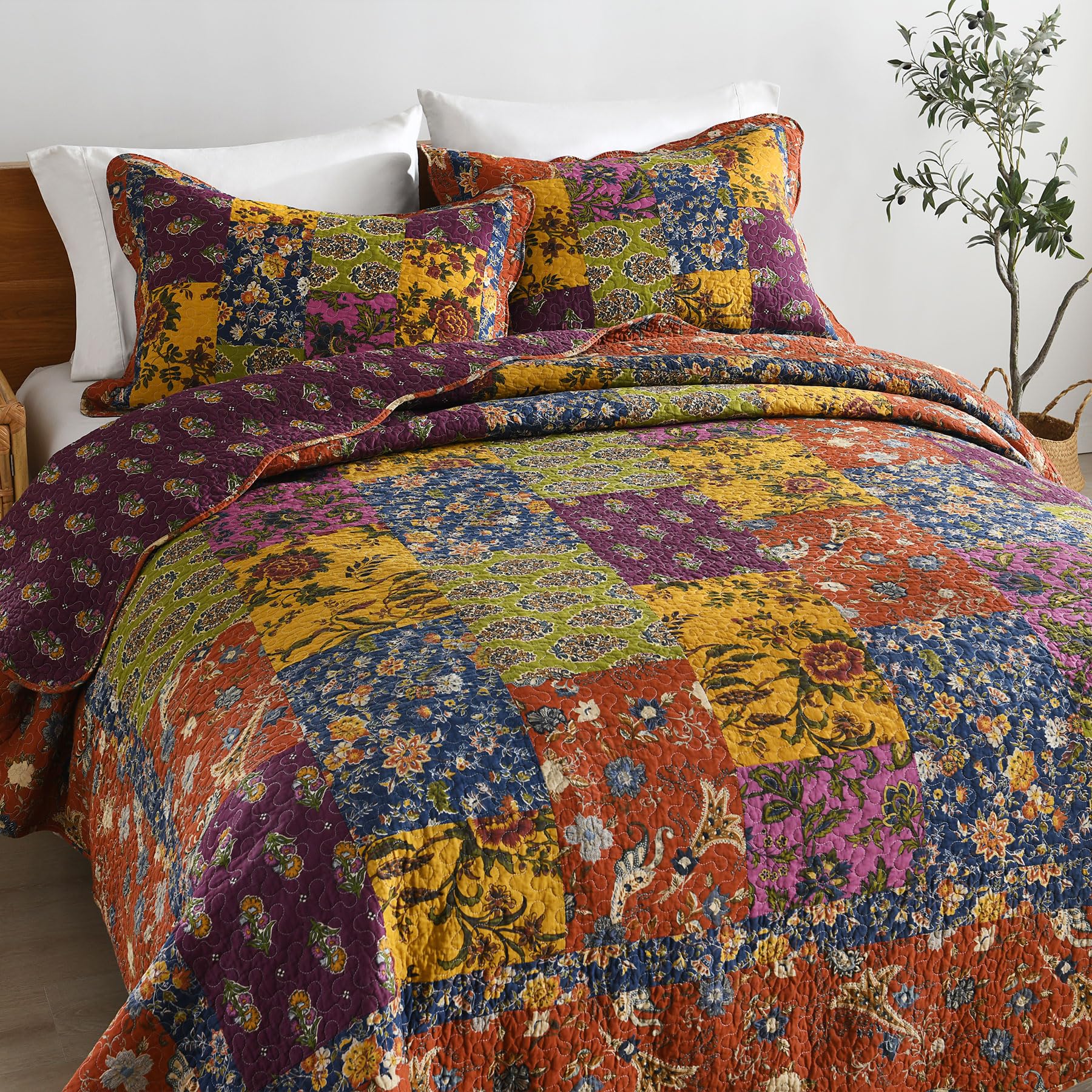 Secgo Twin Comforter Set for Bed - 100% Cotton Quilts Twin Size, Black Bedspreads with 2 Pillow Shams, Patchwork Reversible Lightweight Bedding