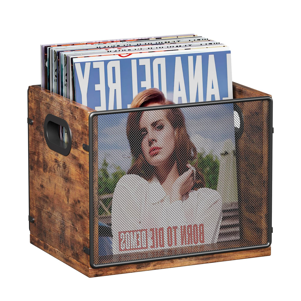 Homeiju Vinyl Record Storage, Record Box Case Crate, Vinyl Record Album Holder, Desktop Metal & Wooden LP Record Crate, Holds up to 60 Records（Patent No.D1024563