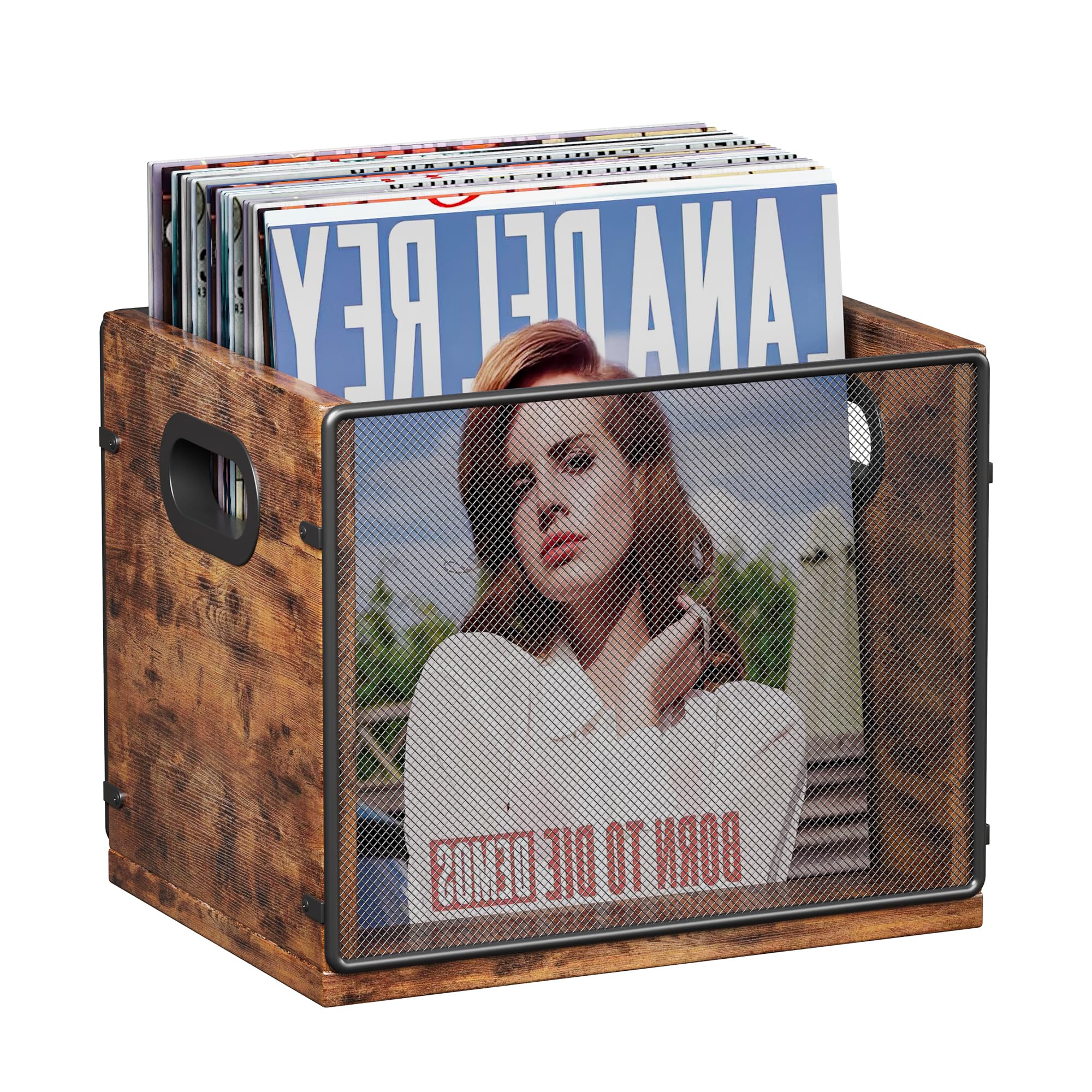 Homeiju Vinyl Record Storage, Record Box Case Crate, Vinyl Record Album Holder, Desktop Metal & Wooden LP Record Crate, Holds up to 60 Records（Patent No.D1024563
