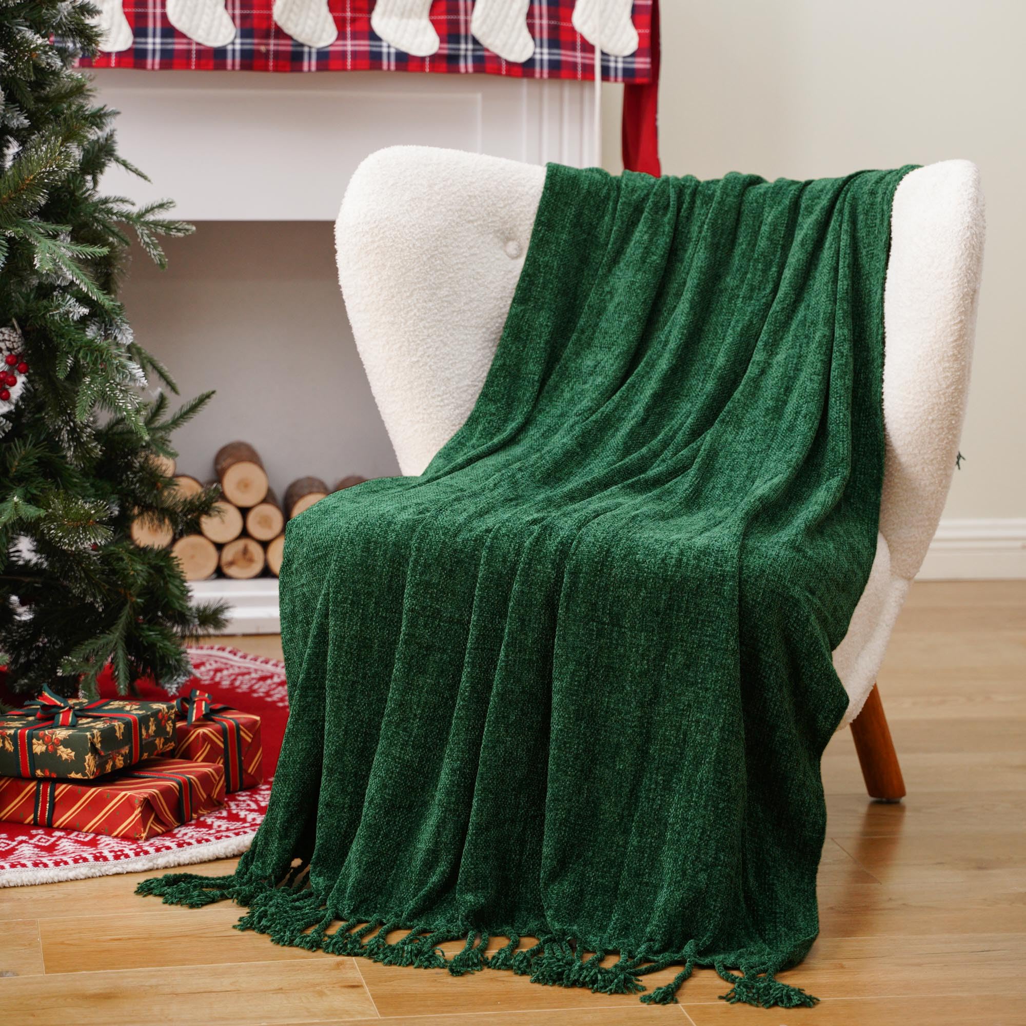 BATTILO HOME Beige Chenille Throw Blanket for Couch, Soft Cozy Textured Knit Throw Blanket with Handmade Fringe Tassels, Lightweight Decorative Farmhouse Blanket for Sofa Bed Chair, 50"x60"