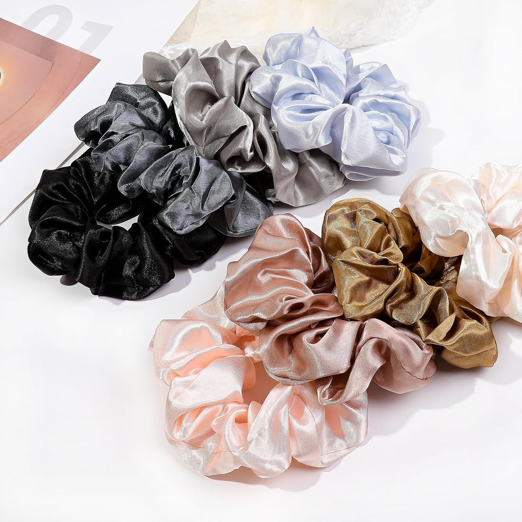 16 Scrunchies for Women - Satin Hair Ties and Bands, Big Ponytail Holders for Thick, Curly Hair, Cute No-Crease Pony Tails, No Damage