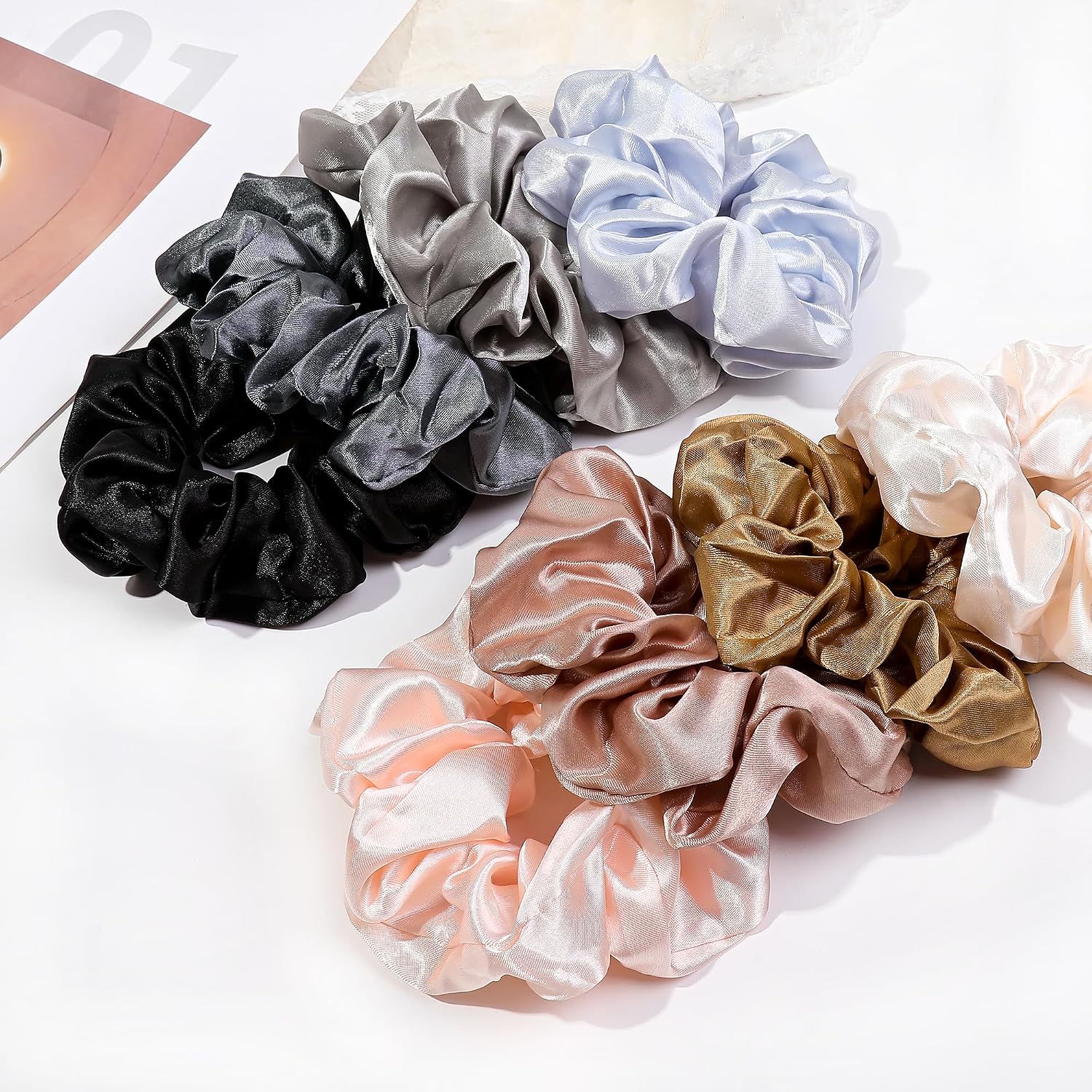 16 Scrunchies for Women - Satin Hair Ties and Bands, Big Ponytail Holders for Thick, Curly Hair, Cute No-Crease Pony Tails, No Damage