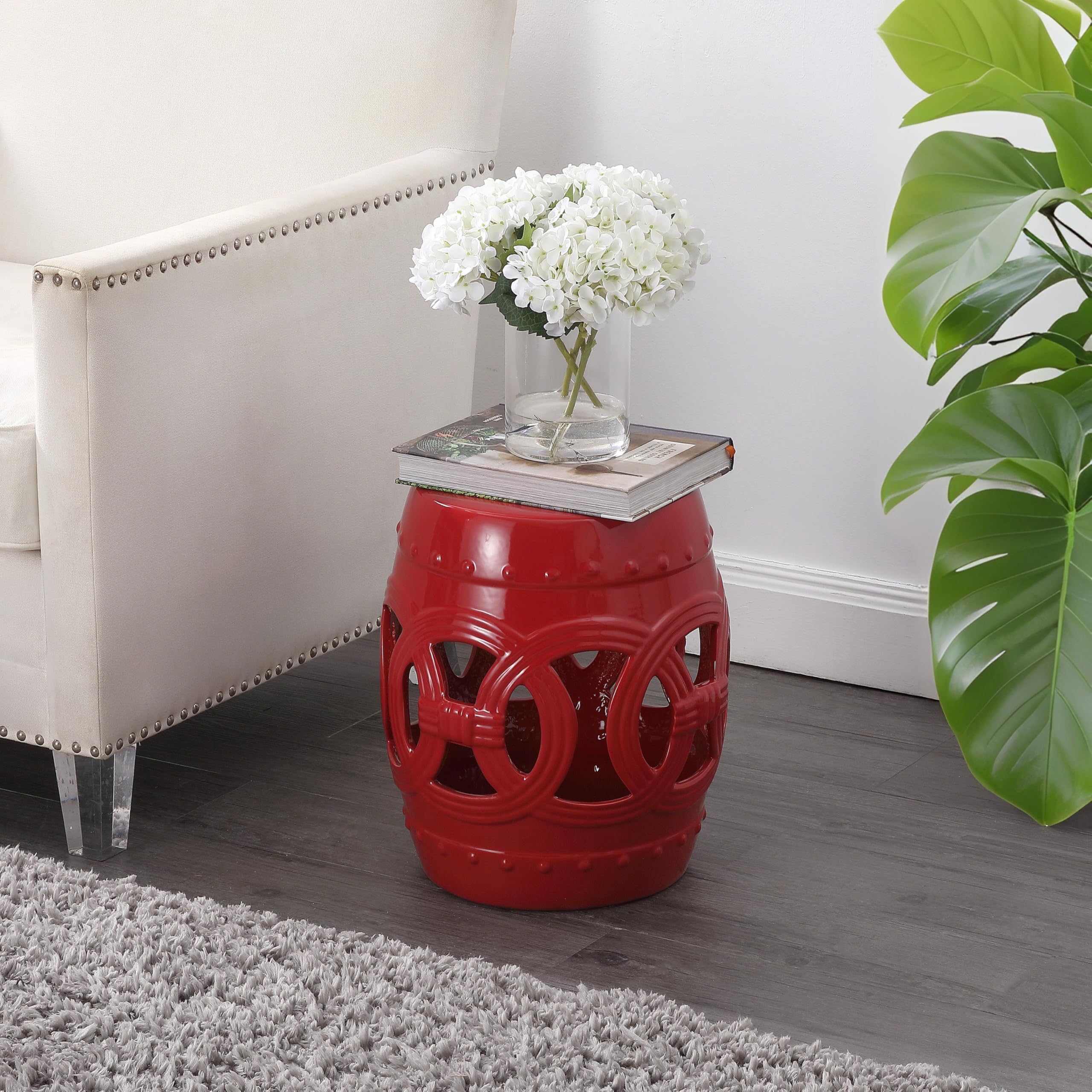 JONATHAN Y Lucky Coins 16" Ceramic Garden Stool, Contemporary Blue/White Cutout Interlocking Rings Drum Indoor/Outdoor Side Table and Plant Stand for Patio, Garden, Living Room TBL1027A
