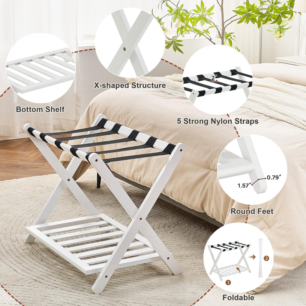 oakvivo Fully Assembled Black Luggage Rack for Guest Room, Bamboo Foldable Suitcase Stand with 5 Nylon Straps, Upgraded Luggage Rack Holder with Shelf for Bedroom Hotel, Holds up to 165 Lbs, 1pcs