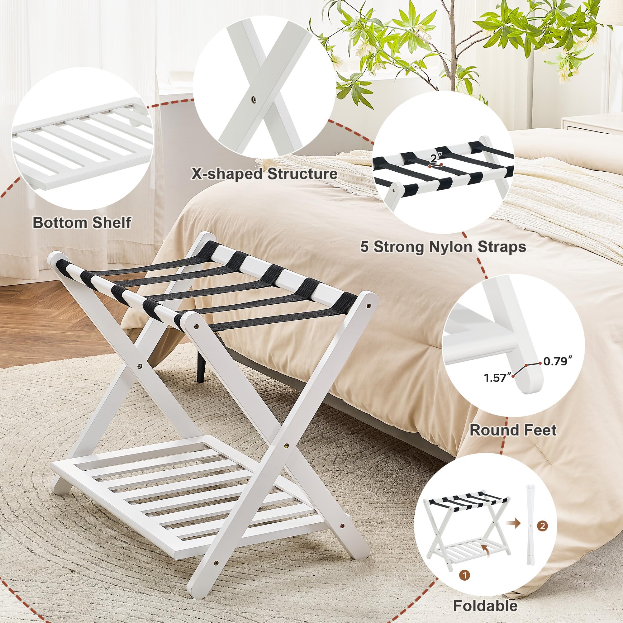 oakvivo Fully Assembled Black Luggage Rack for Guest Room, Bamboo Foldable Suitcase Stand with 5 Nylon Straps, Upgraded Luggage Rack Holder with Shelf for Bedroom Hotel, Holds up to 165 Lbs, 1pcs