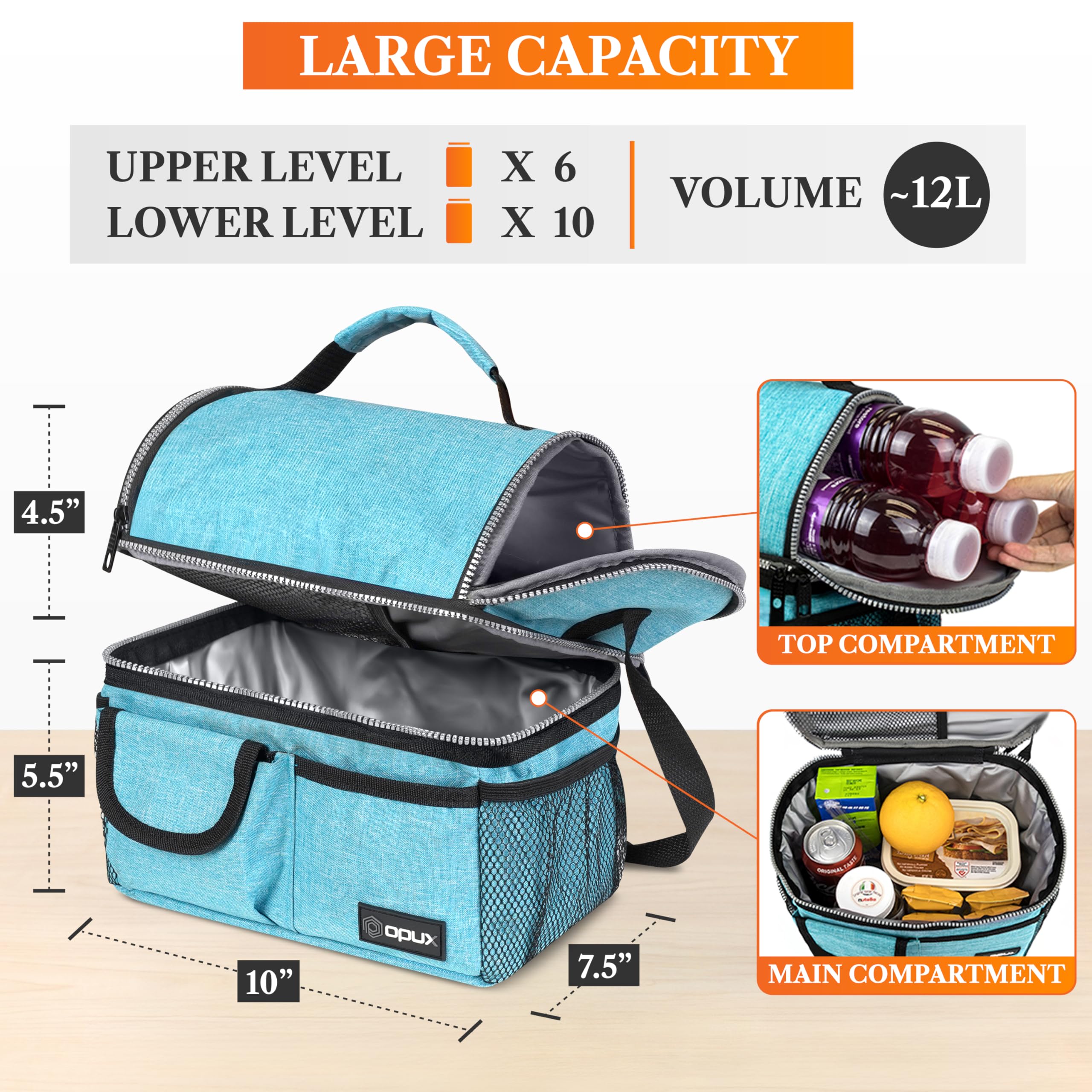 opux Insulated Lunch Bag Women Men, Dual Compartment Leakproof Lunch Box Adults Kids, Double Decker Meal Prep Bento Lunch Cooler Tote with Shoulder Strap for Work Office School Travel, Black