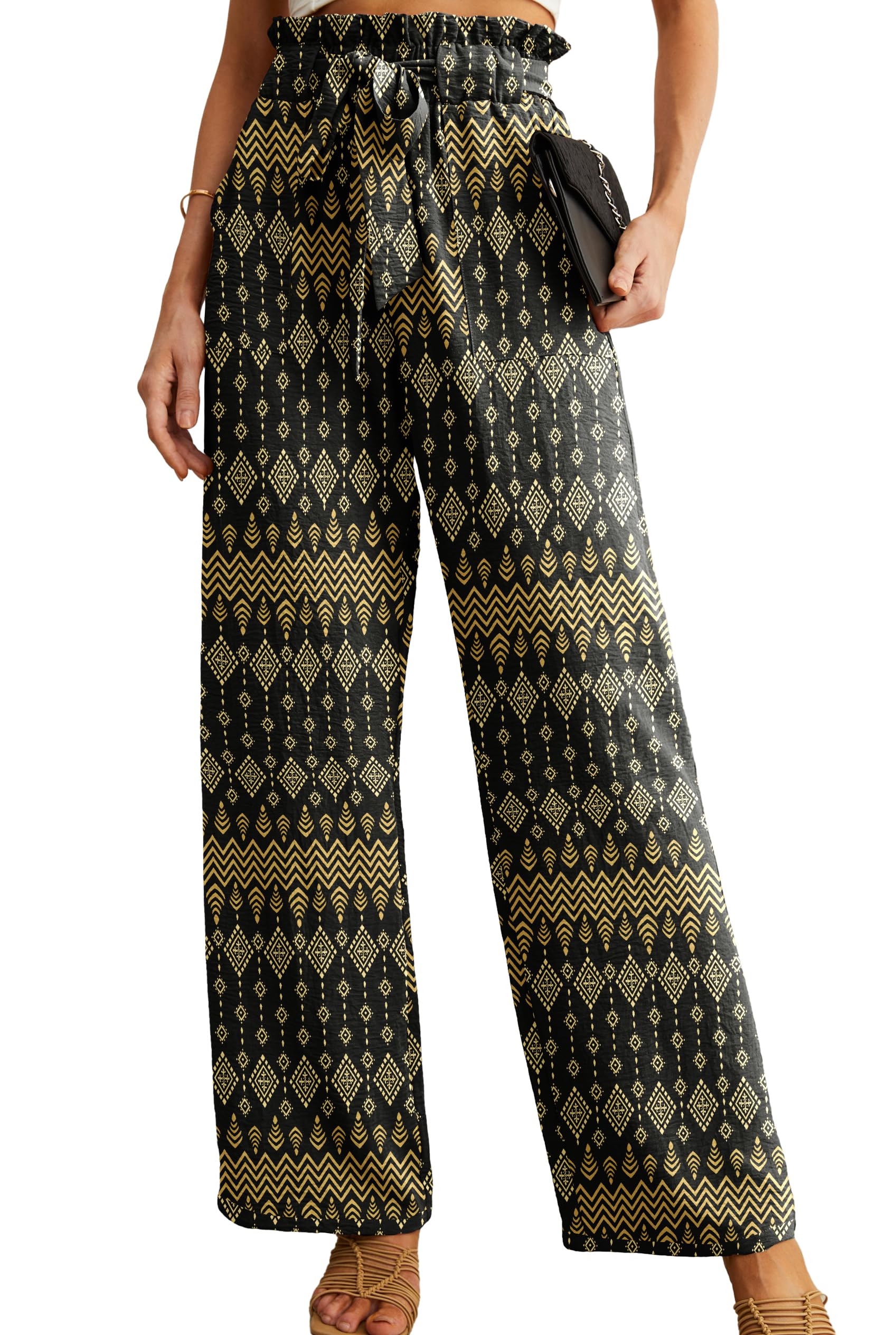 IWOLLENCE Women High Waist Palazzo Pants, Adjustable Knot Ankle Wide Leg Trousers Pockets Beach Vacation Lounge Office