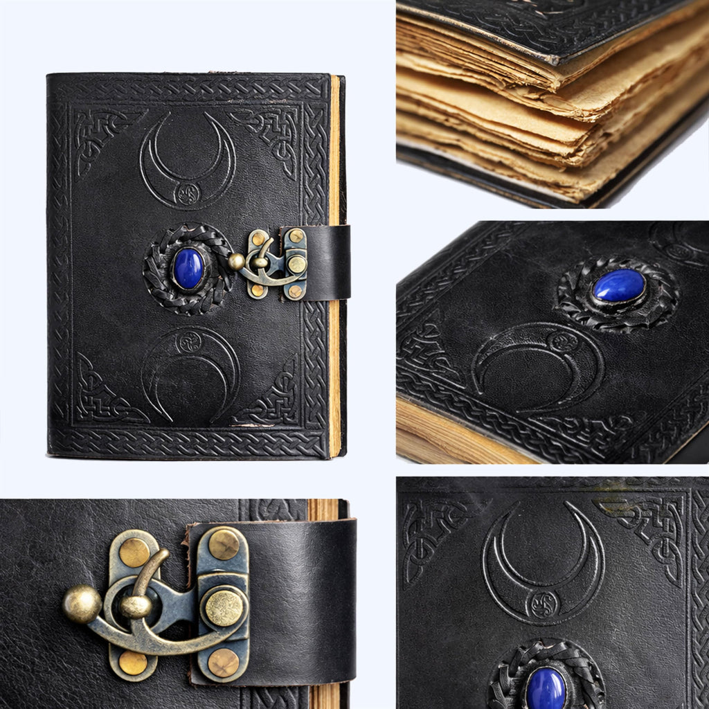 3 Moon Blue Lapis Embossed Vintage Leather Journal | 240 Pages of Antique Handmade Deckle Edge Vintage Paper, Leather Sketchbook, Drawing Journal, Great Gift (5 by 7 inch, black)