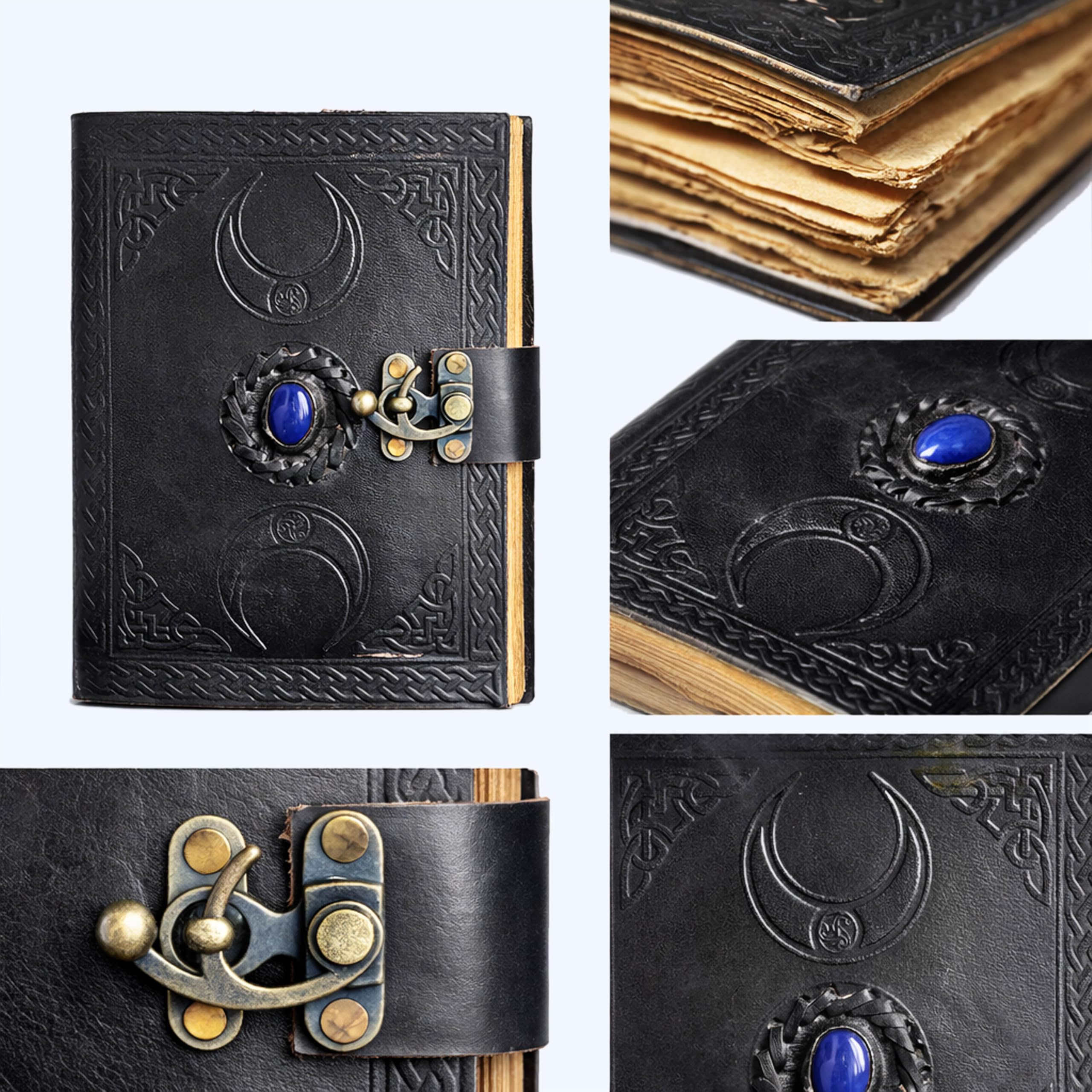 3 Moon Blue Lapis Embossed Vintage Leather Journal | 240 Pages of Antique Handmade Deckle Edge Vintage Paper, Leather Sketchbook, Drawing Journal, Great Gift (5 by 7 inch, black)