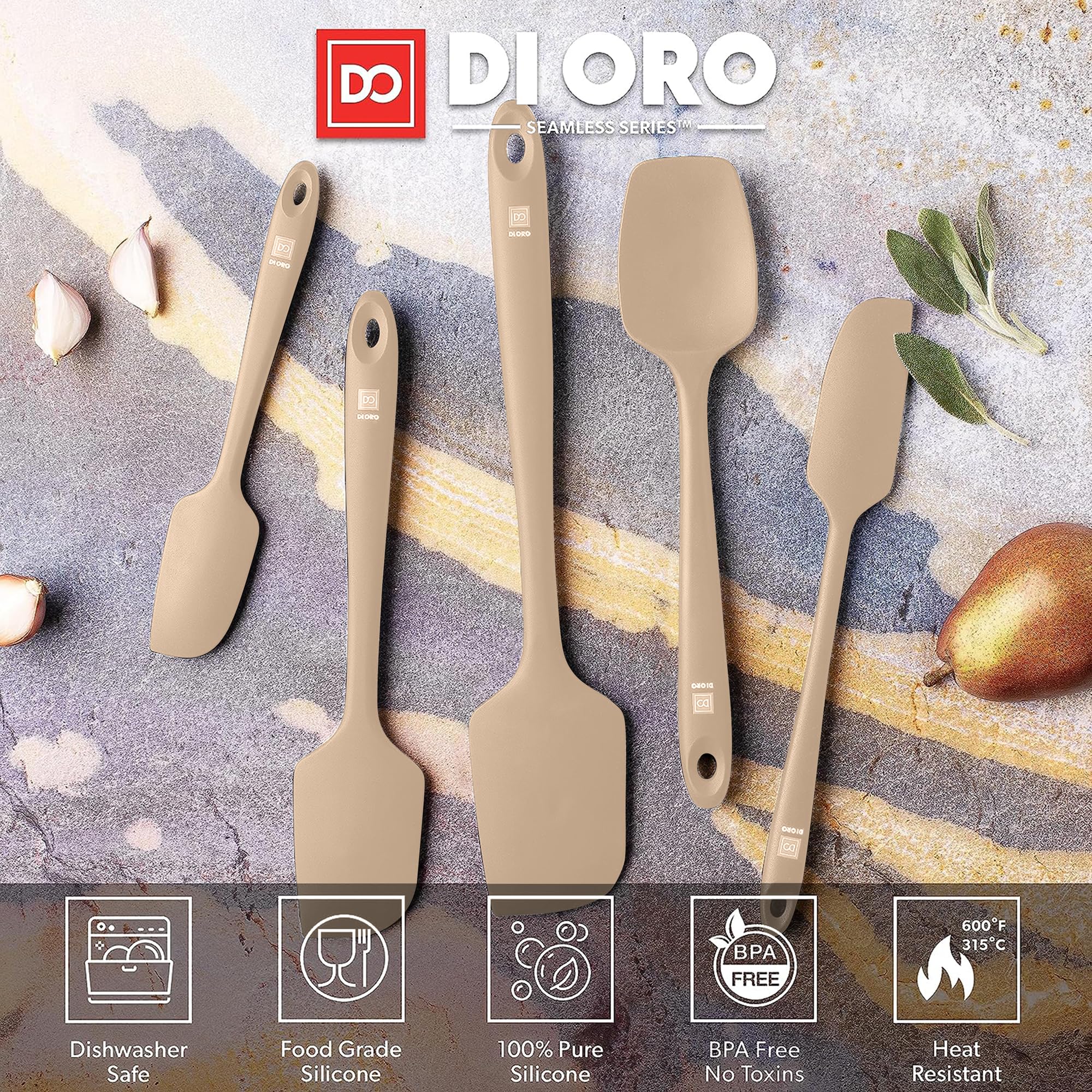 DI ORO Silicone Spatula Set - Rubber Kitchen Spatulas for Baking, Cooking, & Mixing - 600°F Heat-Resistant & BPA Free Silicone Scraper Spatulas for Nonstick Cookware - Dishwasher Safe (5pc, Black)