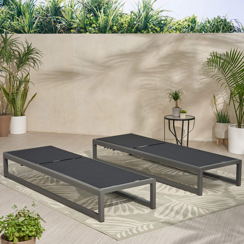 Christopher Knight Home Modesta Outdoor Aluminum Framed Chaise Lounges with Mesh Body, 2-Pcs Set, Black Finish / Grey Mesh