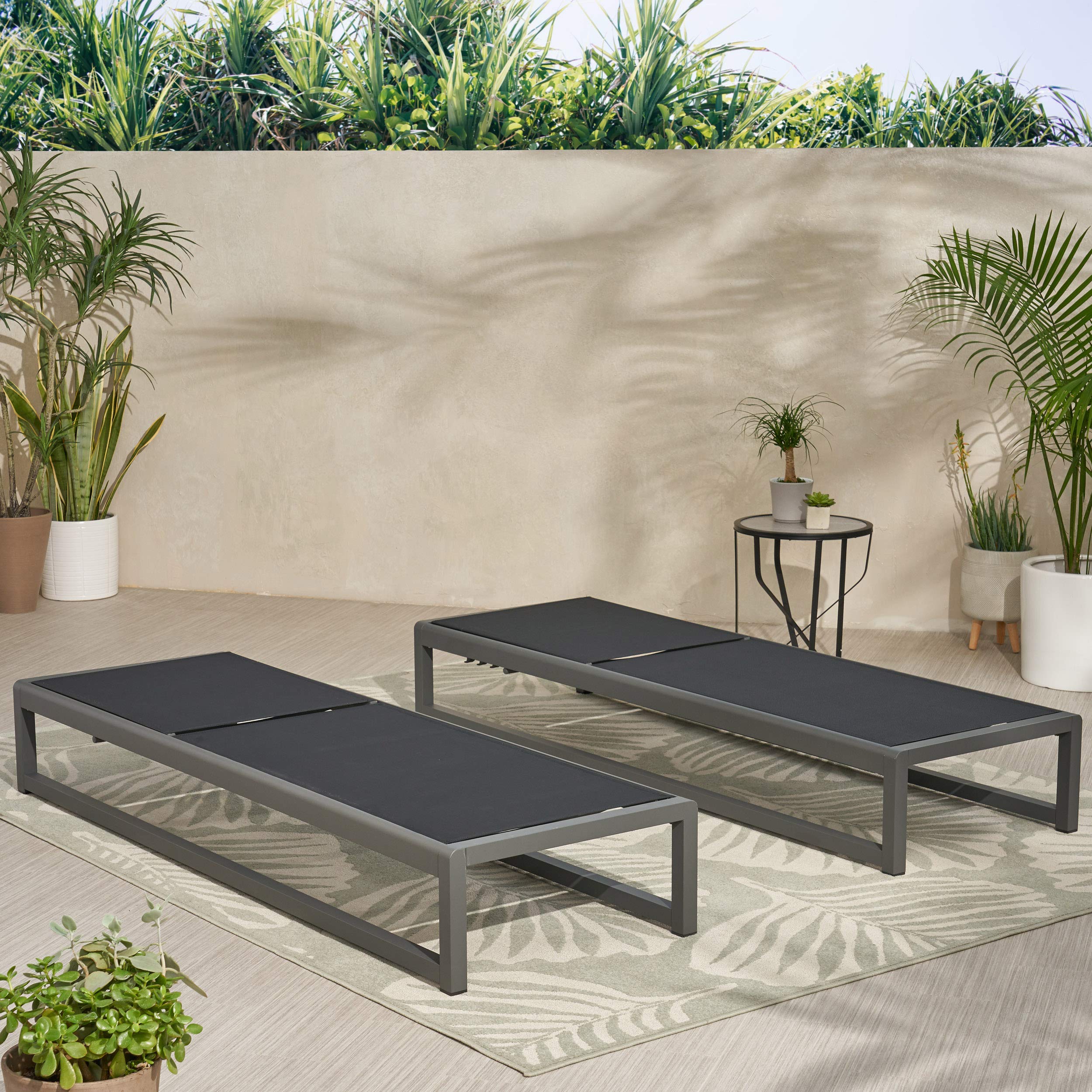 Christopher Knight Home Modesta Outdoor Aluminum Framed Chaise Lounges with Mesh Body, 2-Pcs Set, Black Finish / Grey Mesh