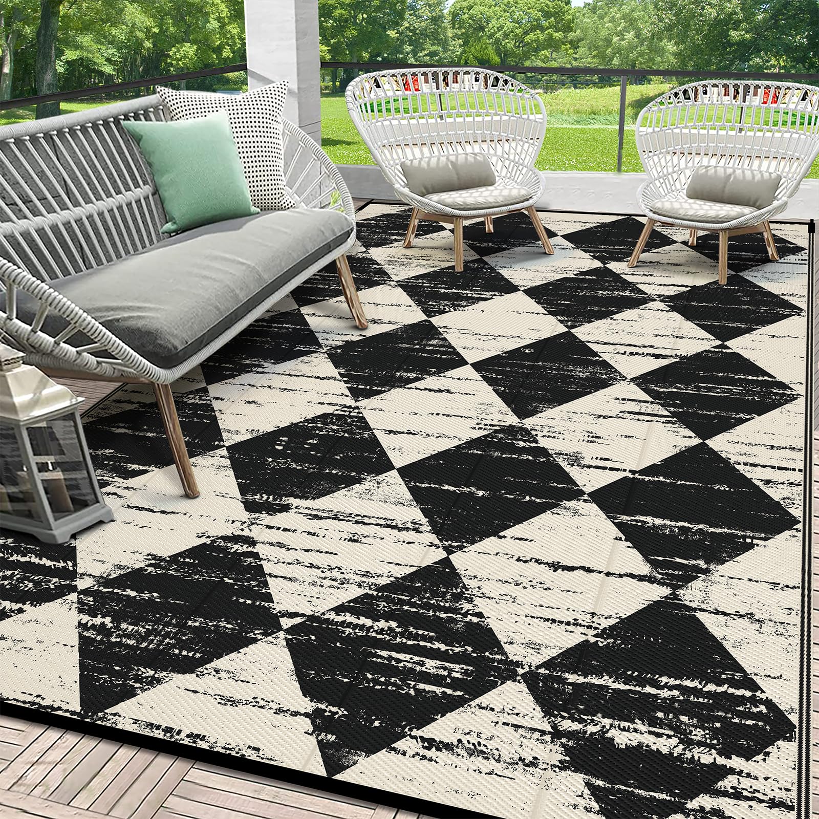HEBE Checkered Outdoor Rug Waterproof 5x8, Reversible Plastic Straw Rug RV Camping Rug, Indoor Outdoor Patio Mat Clearance, Outside Carpet for Porch,Deck,Camper,Balcony,Backyard,Picnic