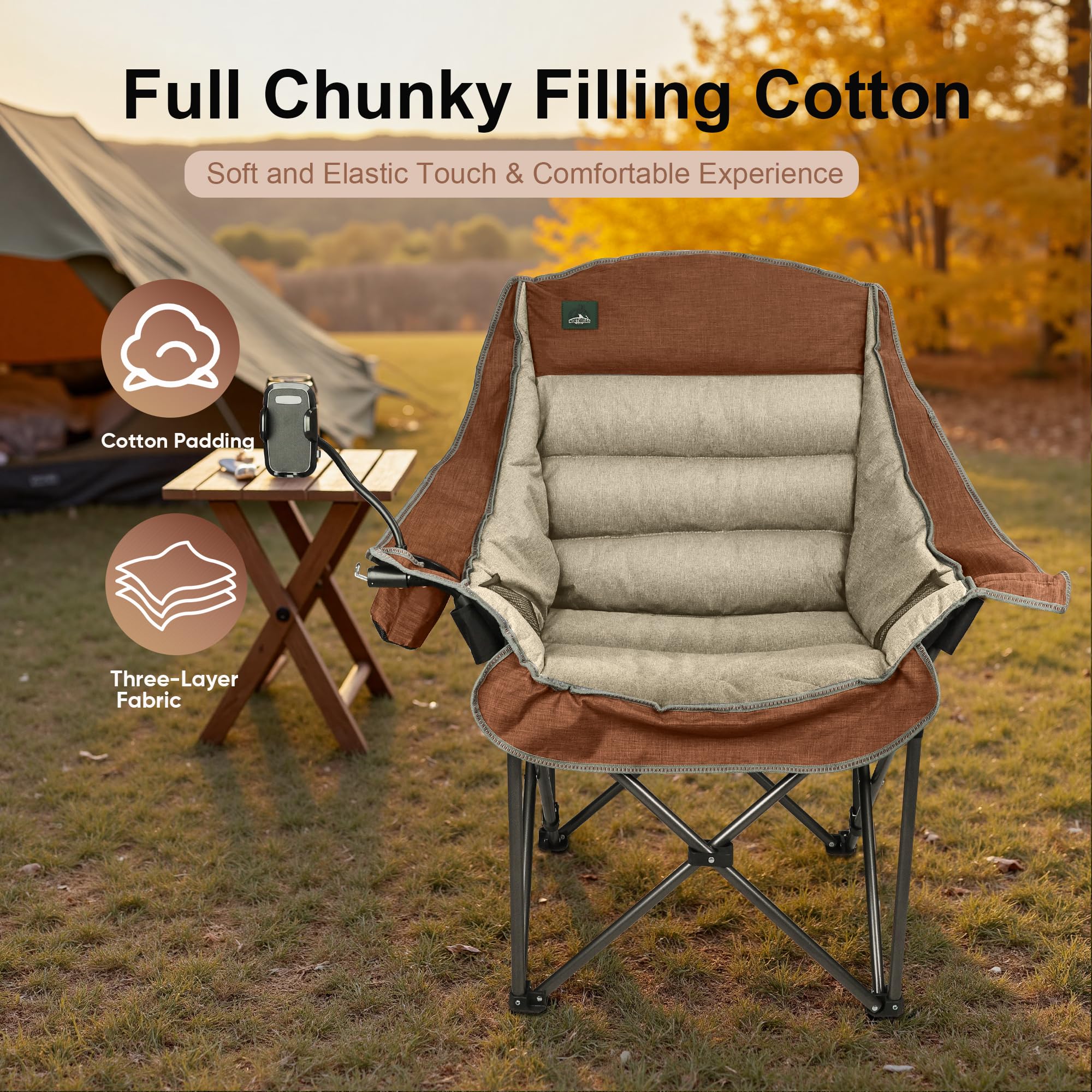 Northroad Oversized XL Padded Camping Chair w/Cell Phone Holder, Large Camp Chair, Foldable Lawn Chair w/Cup Holder,Carry Bag for Outdoor Hiking, Picnics, Heavy-Duty 400-lbs Capacity, Moca