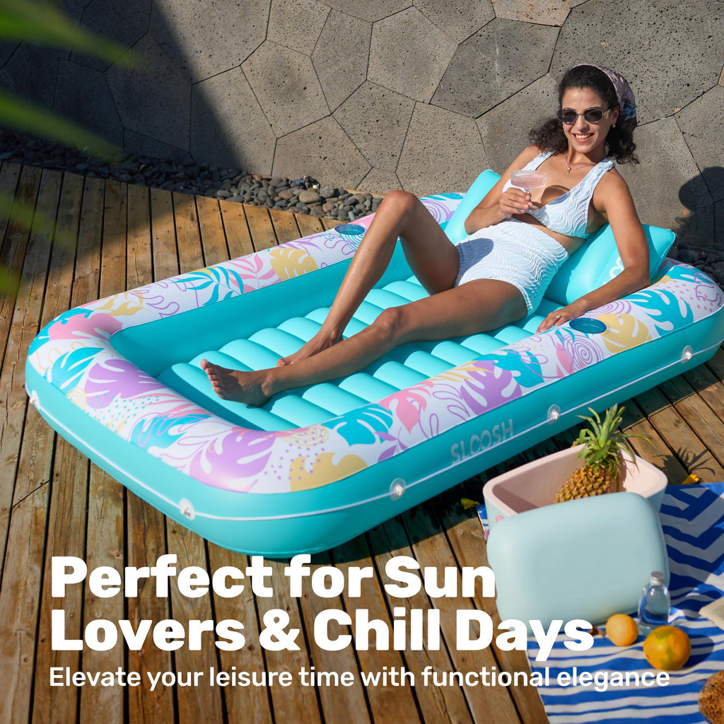 SLOOSH Inflatable Tanning Pool Lounger Float, 85" x 57" Extra Large Pool Floats Adult with Pillow, 4 in 1 Suntan Tub Raft Floatie,Sunbathing Bed Lounge for Water Blow Up Ball Pit Party Gifts, XL-Blue