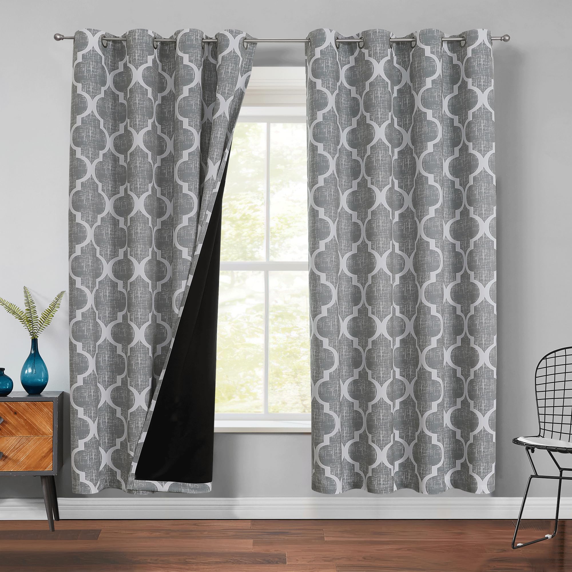 Beauoop 100% Blackout Curtains 45 Inches Long 2 Panels for Bedroom Living Room Aqua Grey Moroccan Geo Room Darkening Thermal Insulated Soundproof Grommet Top Window Treatments Drapes, 50x45 Set of 2
