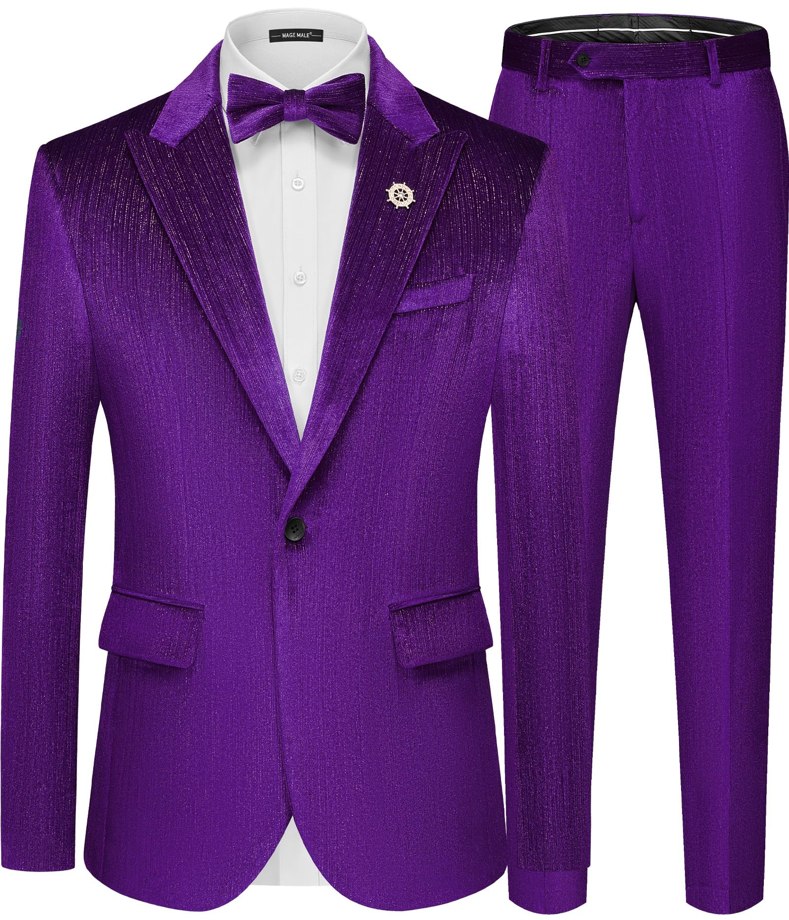 MAGE MALE Mens Suits Velvet Tuxedo Suit Set Slim Fit 2 Piece Luxurious Party Dinner Jacket Pants with Bow Tie