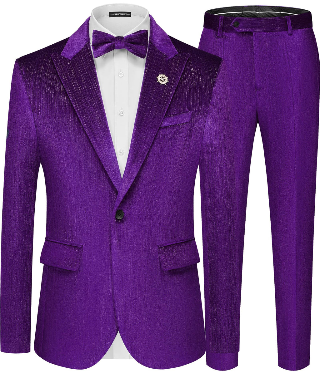 MAGE MALE Mens Suits Velvet Tuxedo Suit Set Slim Fit 2 Piece Luxurious Party Dinner Jacket Pants with Bow Tie