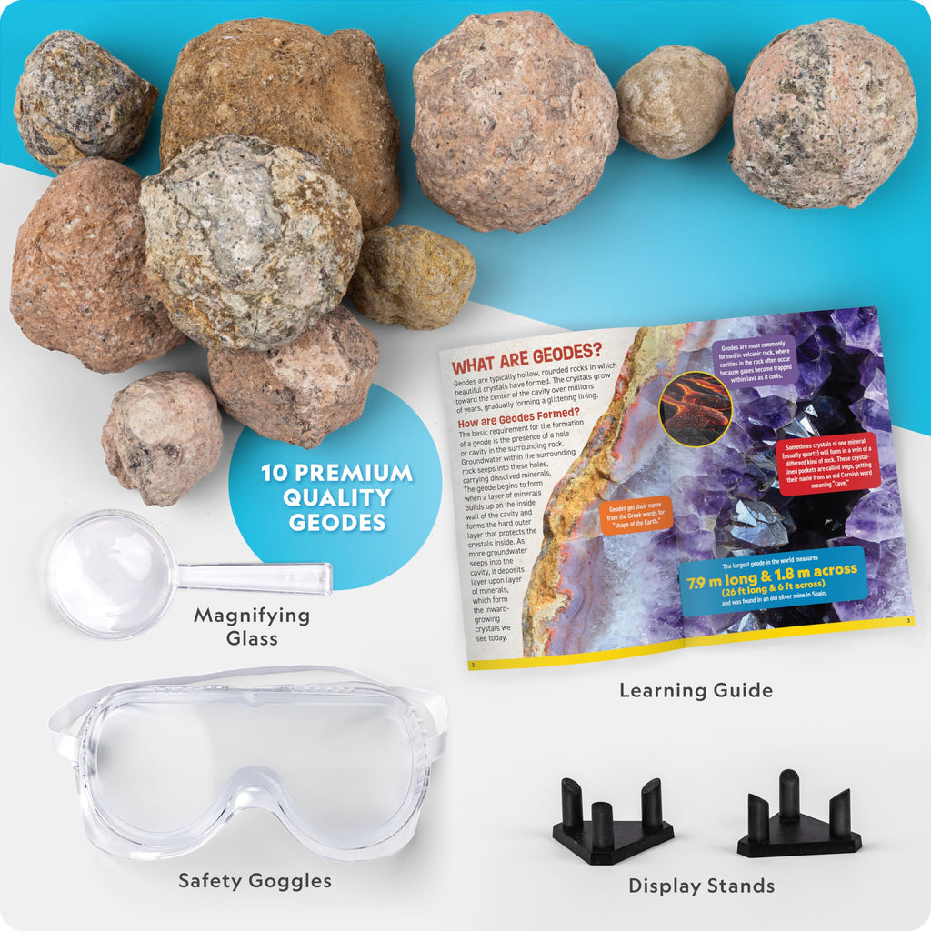 National Geographic Break Open 4 Geodes Science Kit – Includes Goggles and Display Stand - STEM Science Gift for Boys and Girls, Break Your Own Geodes with Crystals (Amazon Exclusive)
