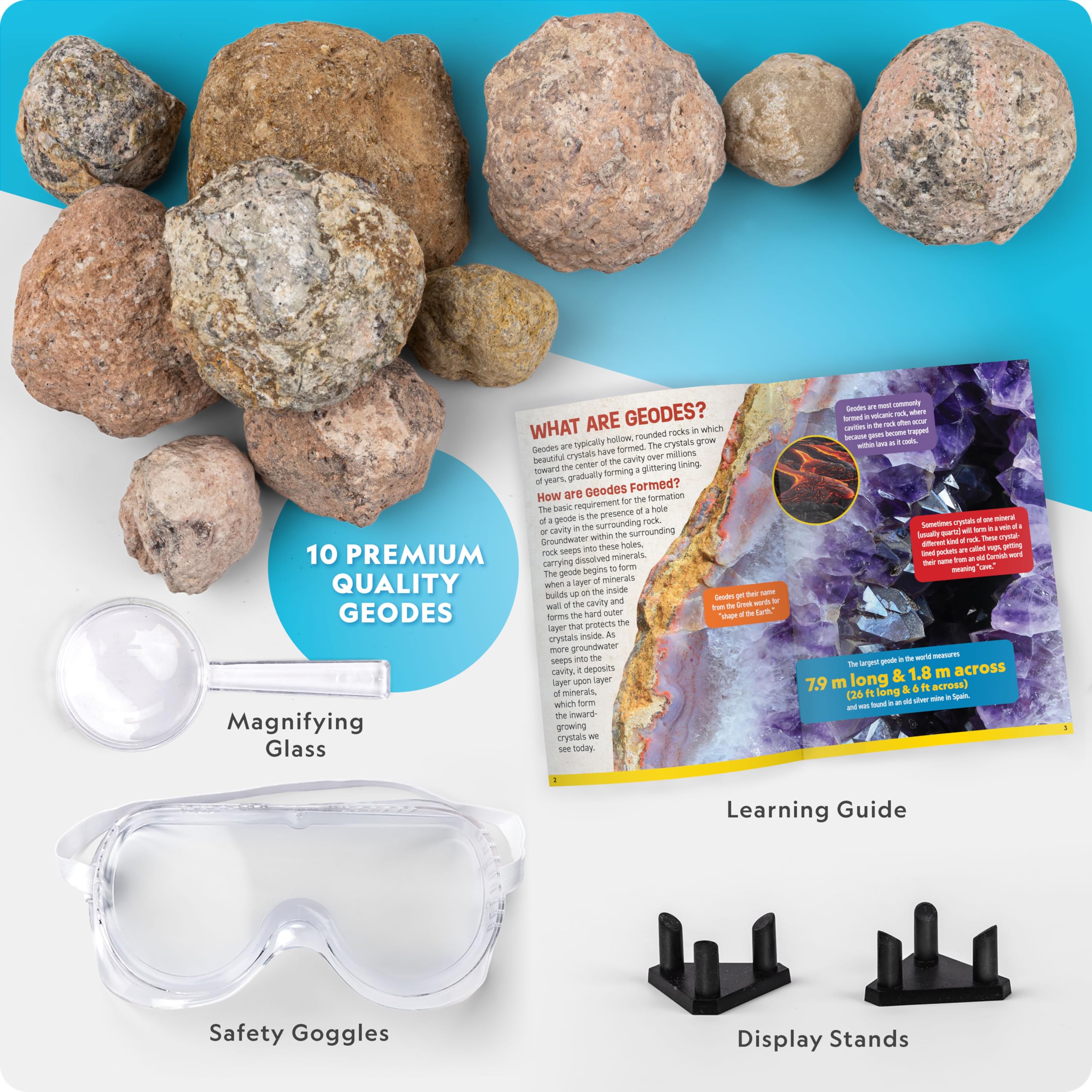 National Geographic Break Open 4 Geodes Science Kit – Includes Goggles and Display Stand - STEM Science Gift for Boys and Girls, Break Your Own Geodes with Crystals (Amazon Exclusive)